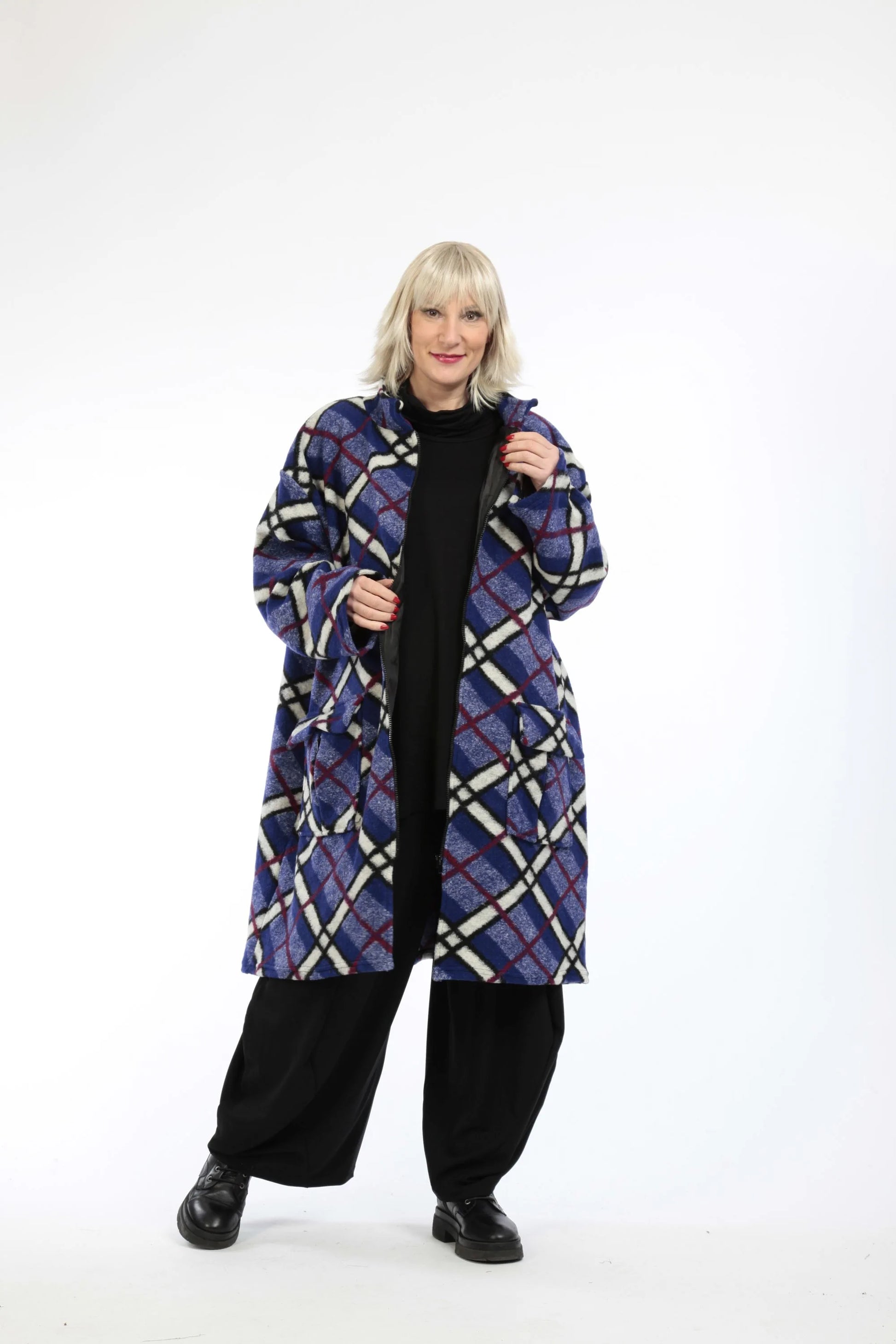  Stilvolle Jacke mit steigendem Kragen und kariertem Design für Plus Size mit Taschen und Komfort