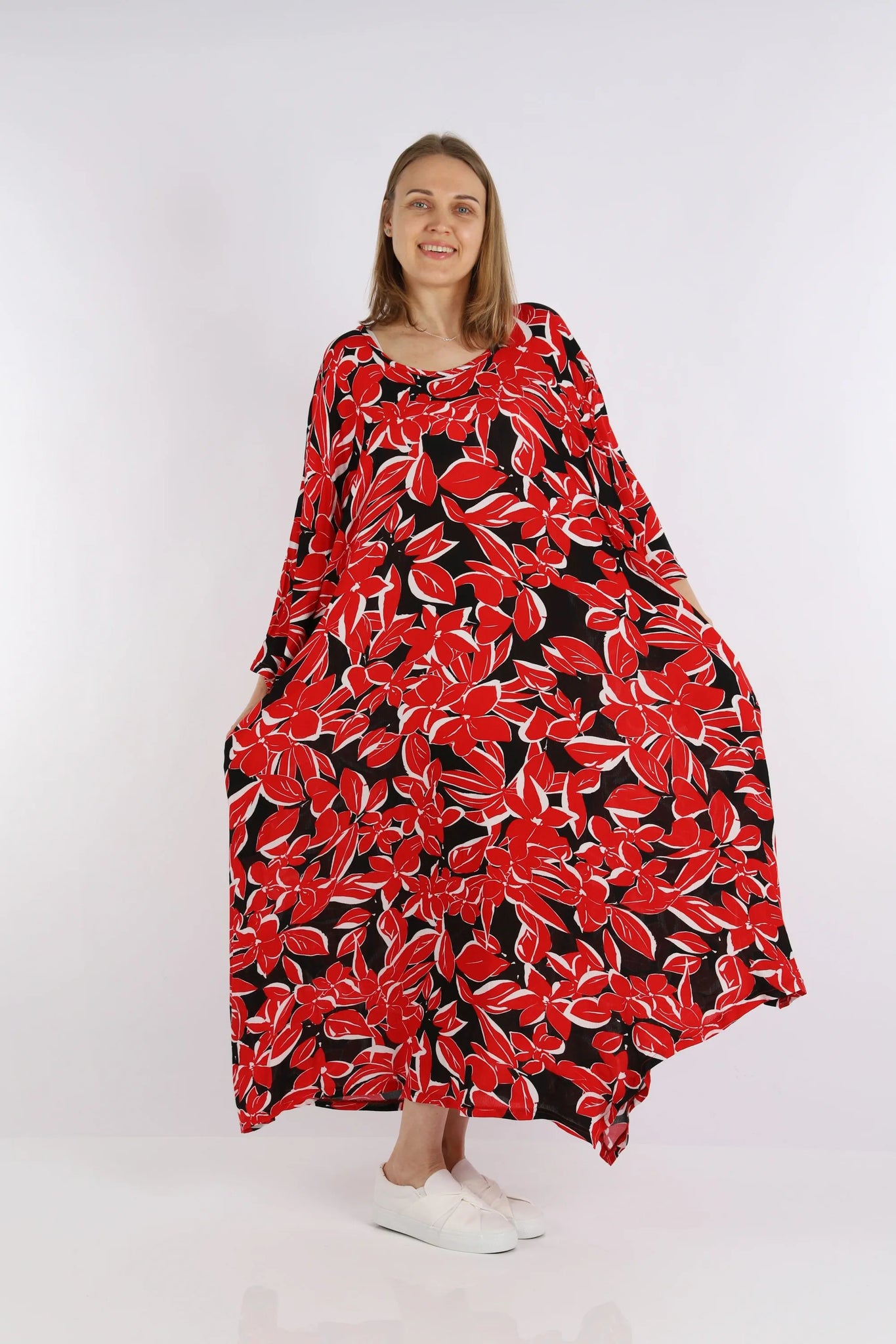  A-Form Kleid von AKH Fashion aus Viskose, 1247.01927, Rot-Schwarz, Blumen, Schick, Modern