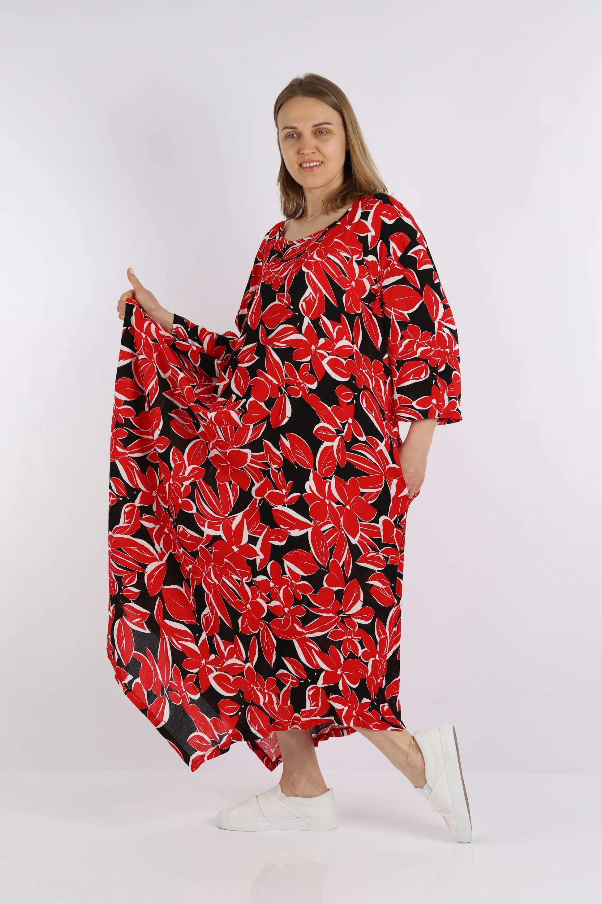  A-Form Kleid von AKH Fashion aus Viskose, 1247.01927, Rot-Schwarz, Blumen, Schick, Modern