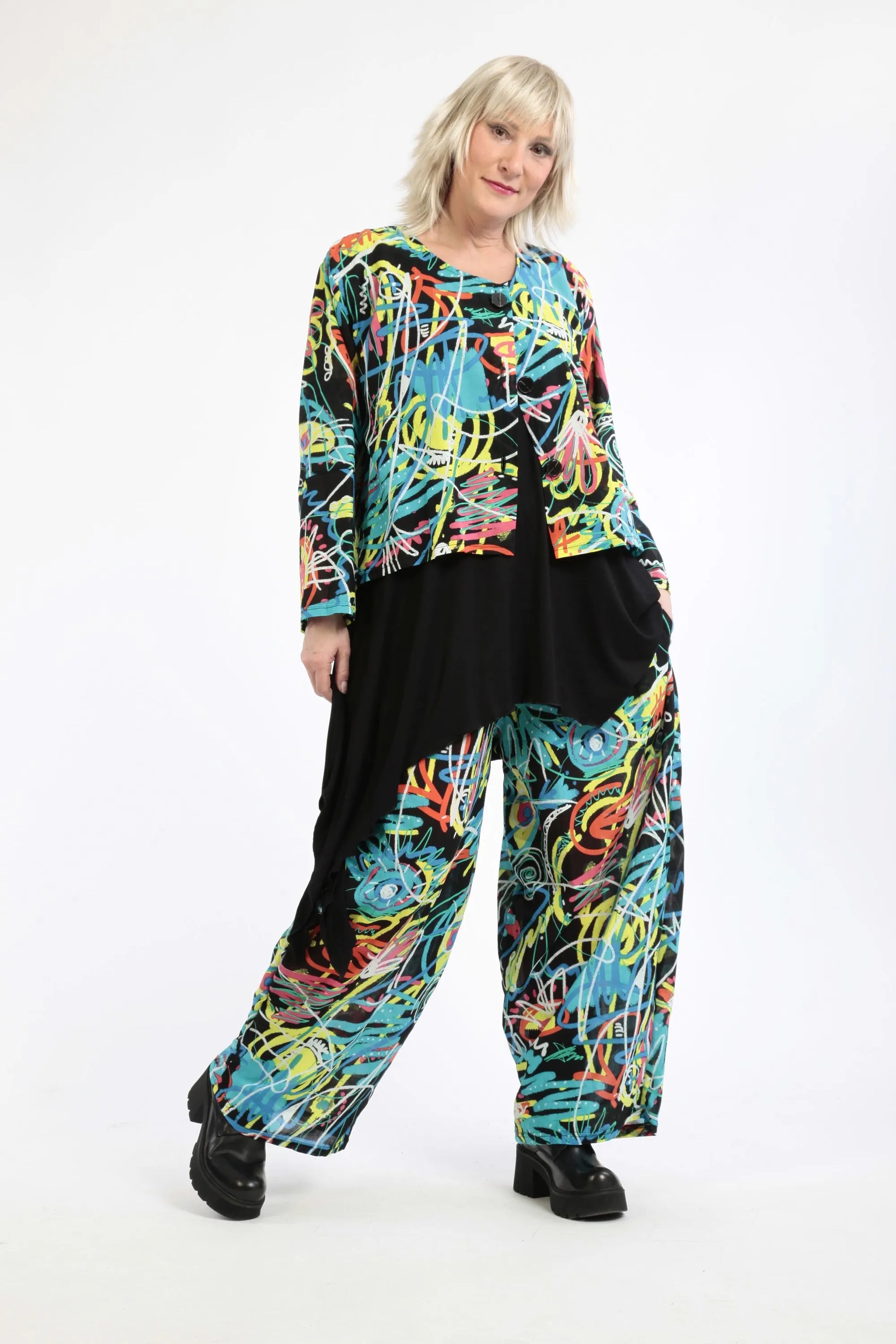  Hose von AKH Fashion aus Baumwolle in gerader Form, 1255.02554, Schwarz-Multicolour