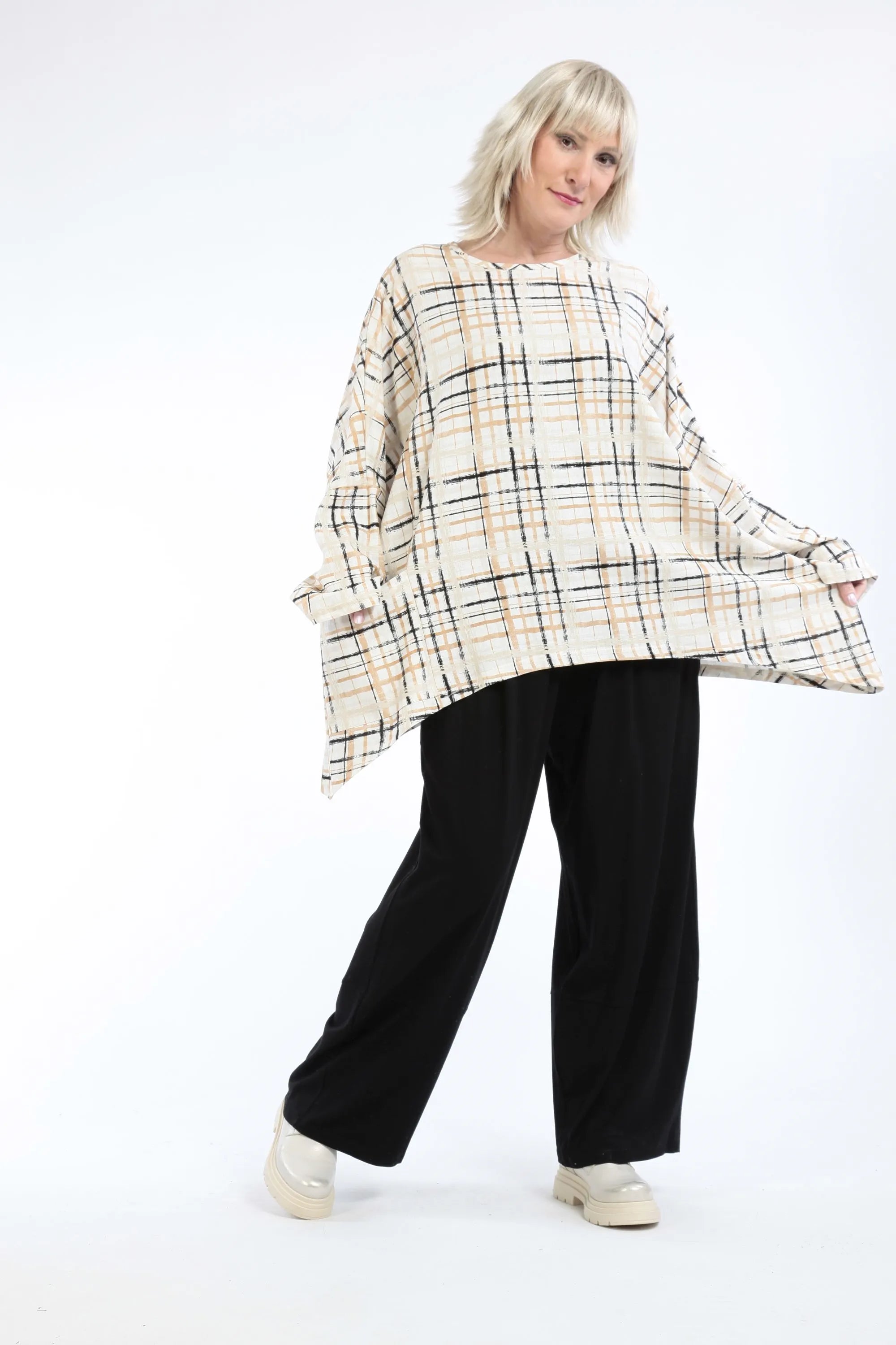  A-Form Bigshirt von AKH Fashion aus Viskose, 1260.06115, Ecru-Beige-Schwarz, Kariert, Schick