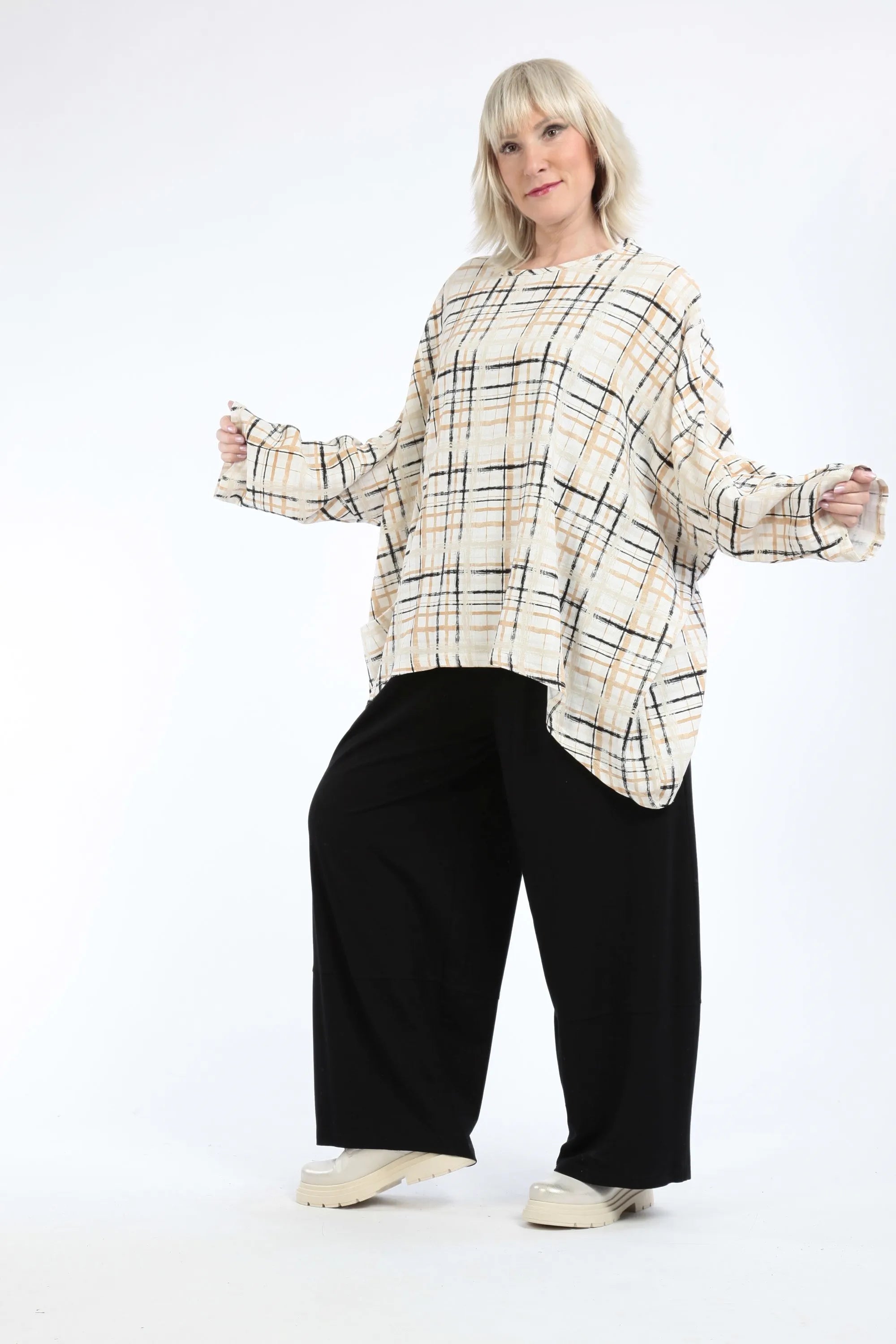  A-Form Bigshirt von AKH Fashion aus Viskose, 1260.06115, Ecru-Beige-Schwarz, Kariert, Schick