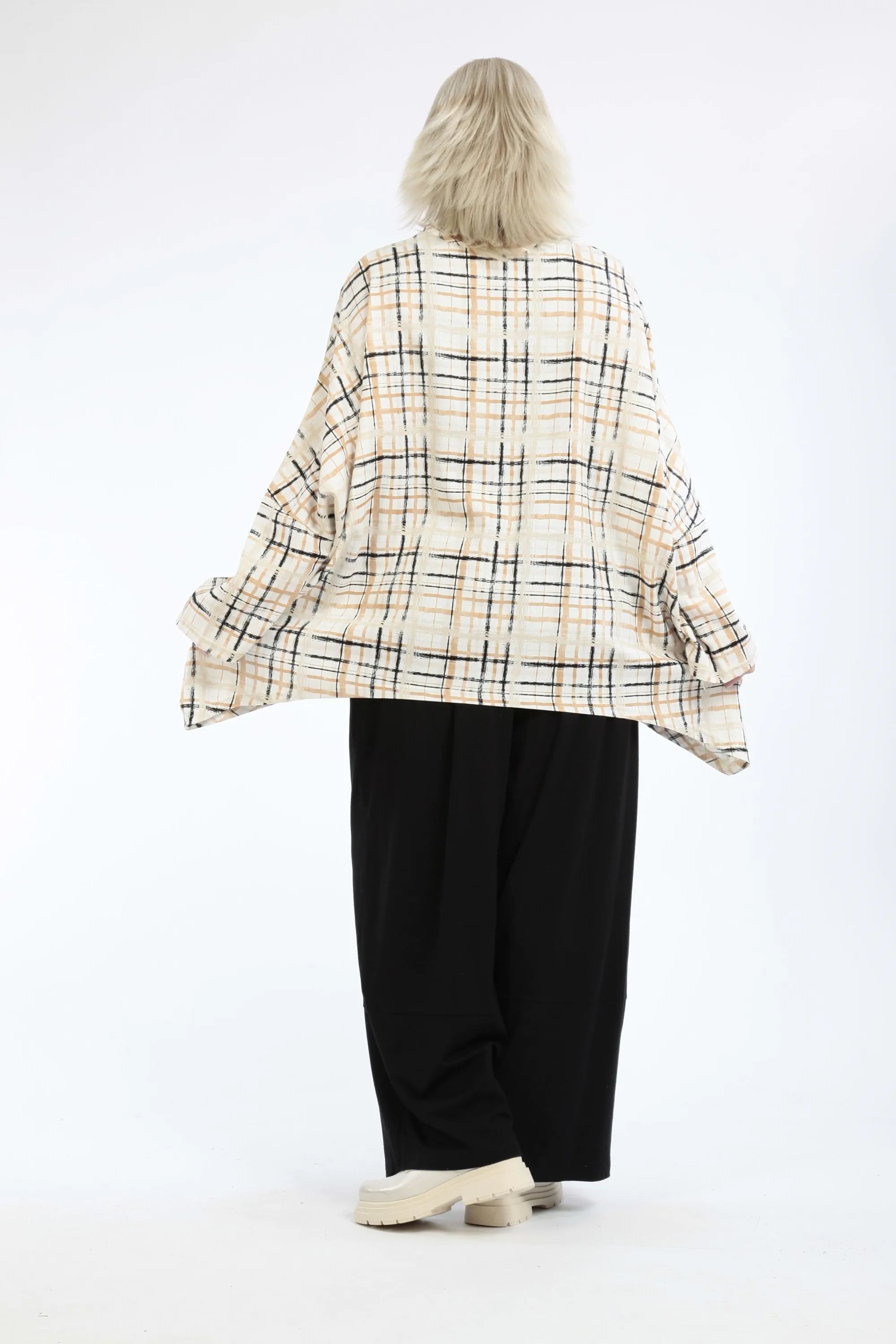  A-Form Bigshirt von AKH Fashion aus Viskose, 1260.06115, Ecru-Beige-Schwarz, Kariert, Schick