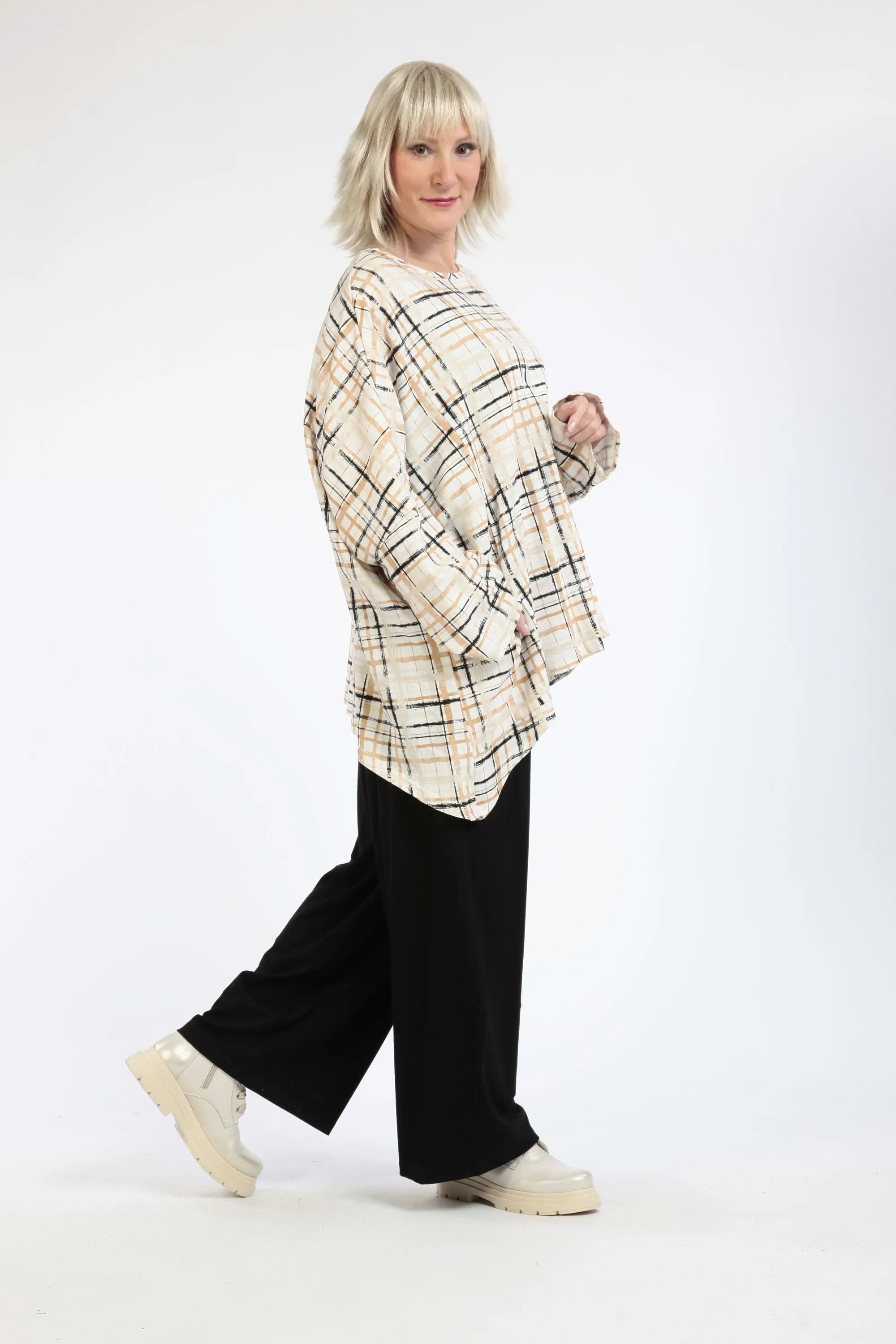  A-Form Bigshirt von AKH Fashion aus Viskose, 1260.06115, Ecru-Beige-Schwarz, Kariert, Schick