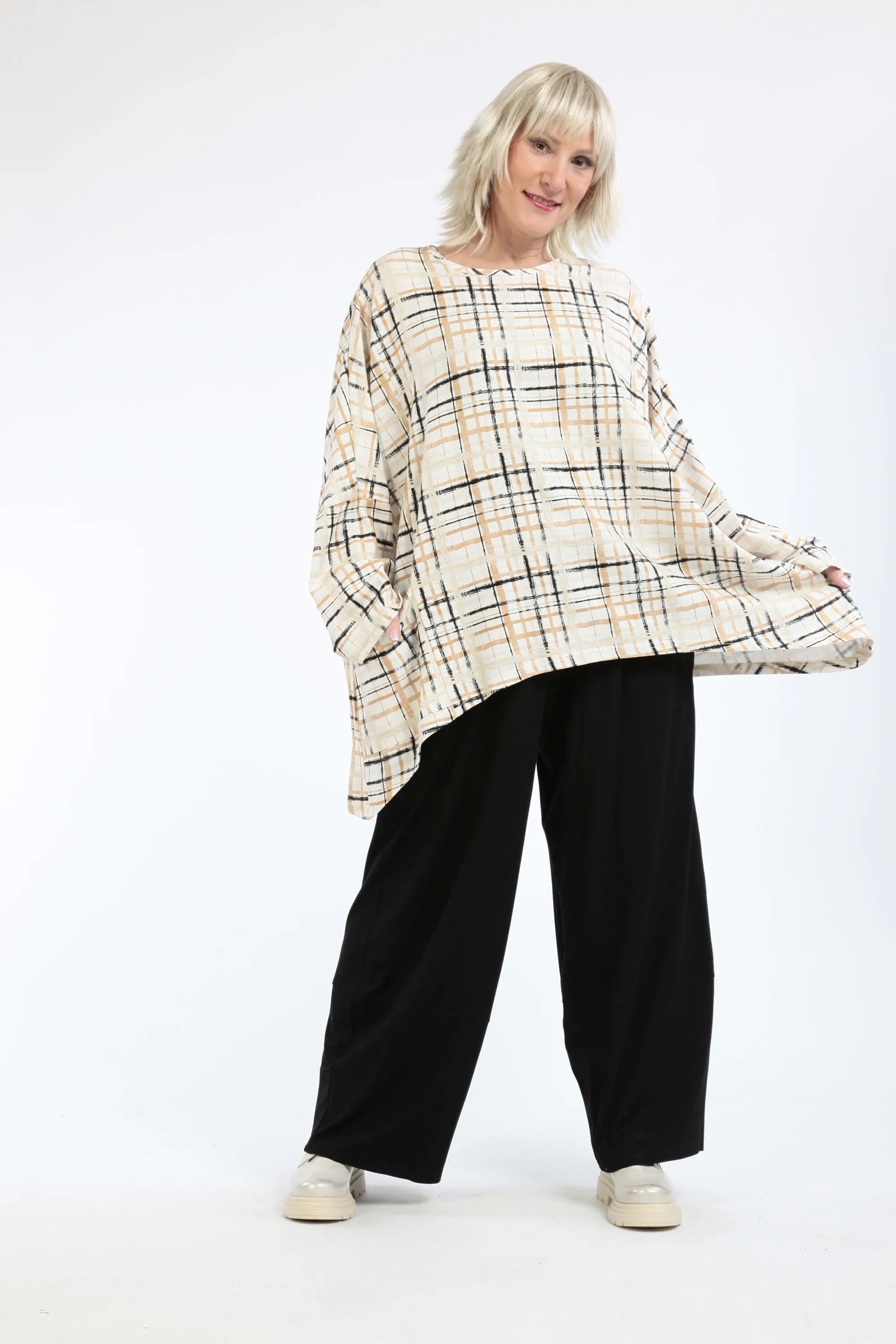  A-Form Bigshirt von AKH Fashion aus Viskose, 1260.06115, Ecru-Beige-Schwarz, Kariert, Schick