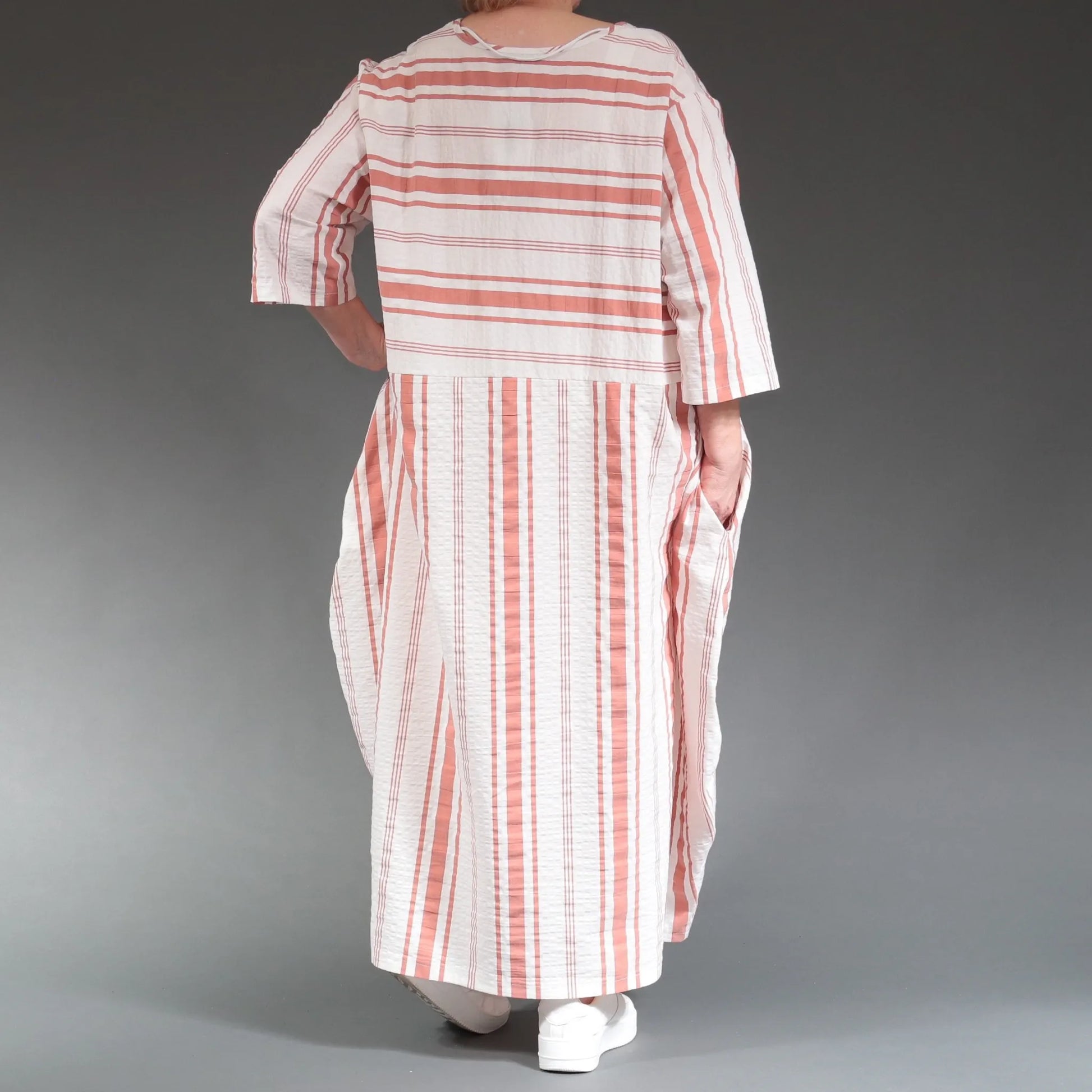  Ballonkleid von AKH Fashion aus Baumwolle, 1262.01926, Weiß-Apricot, Streifen, Ausgefallen