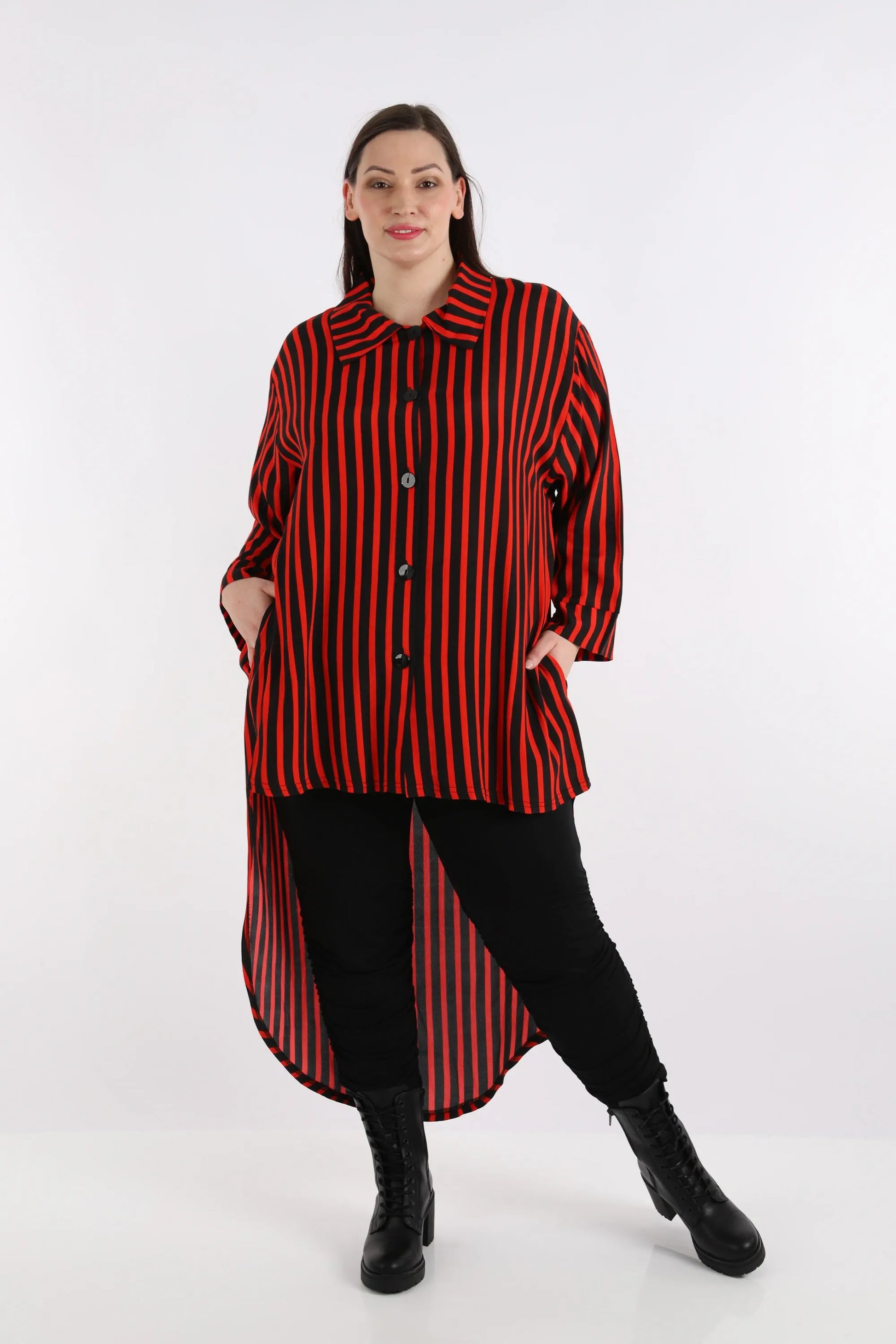  Bluse von AKH Fashion aus Viskose in Vokuhila-Form, 1272.06918, Rot-Schwarz, Ausgefallen