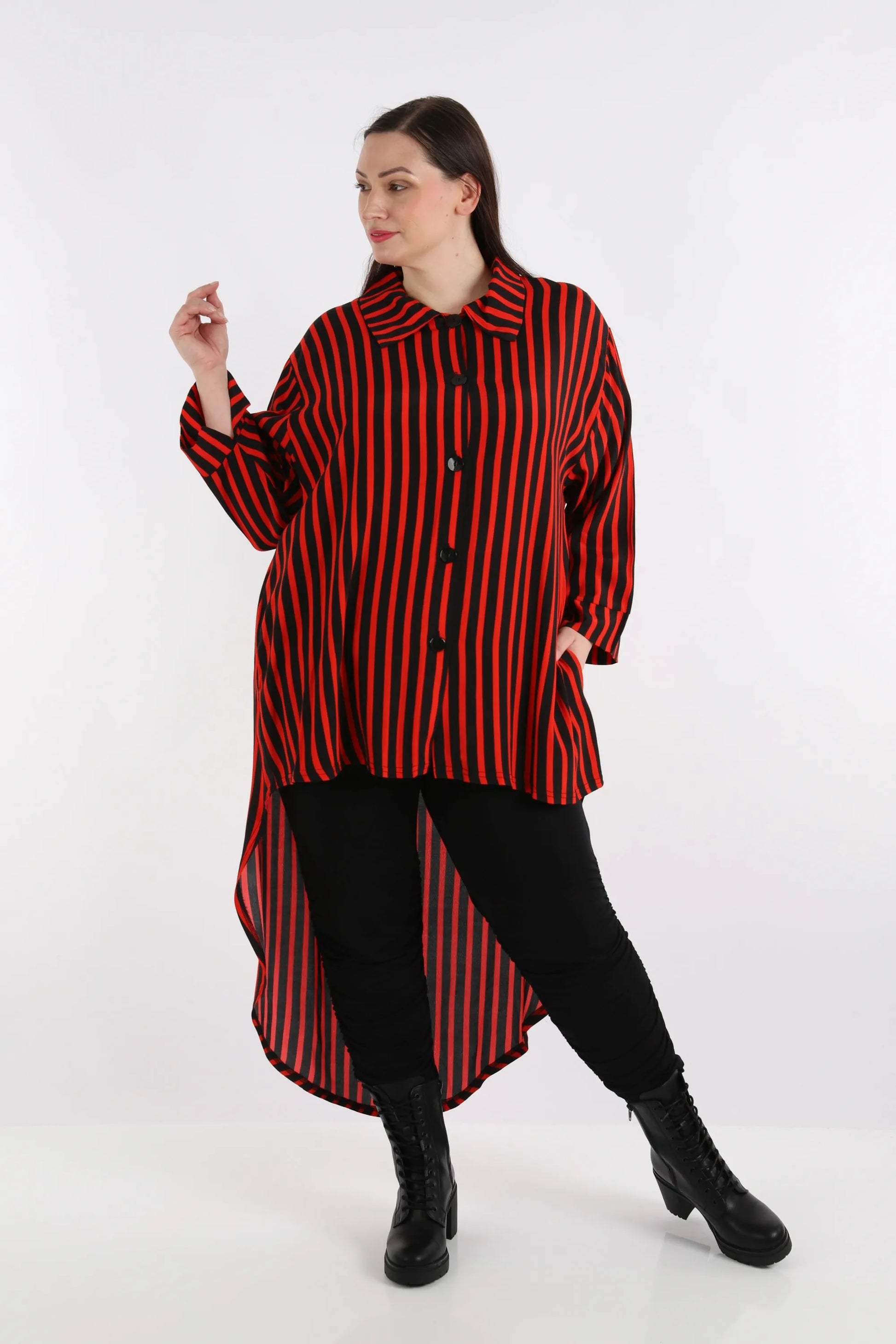  Bluse von AKH Fashion aus Viskose in Vokuhila-Form, 1272.06918, Rot-Schwarz, Ausgefallen