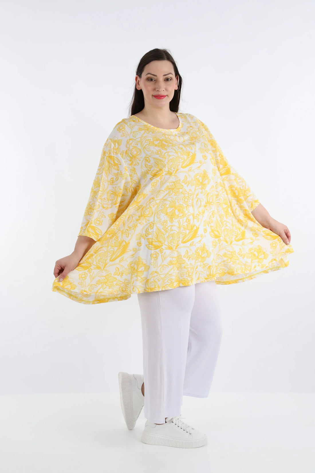  A-Form Bigshirt von AKH Fashion aus Viskose, 1278.00593, Gelb-Weiß, Blumen, Schick, Modern