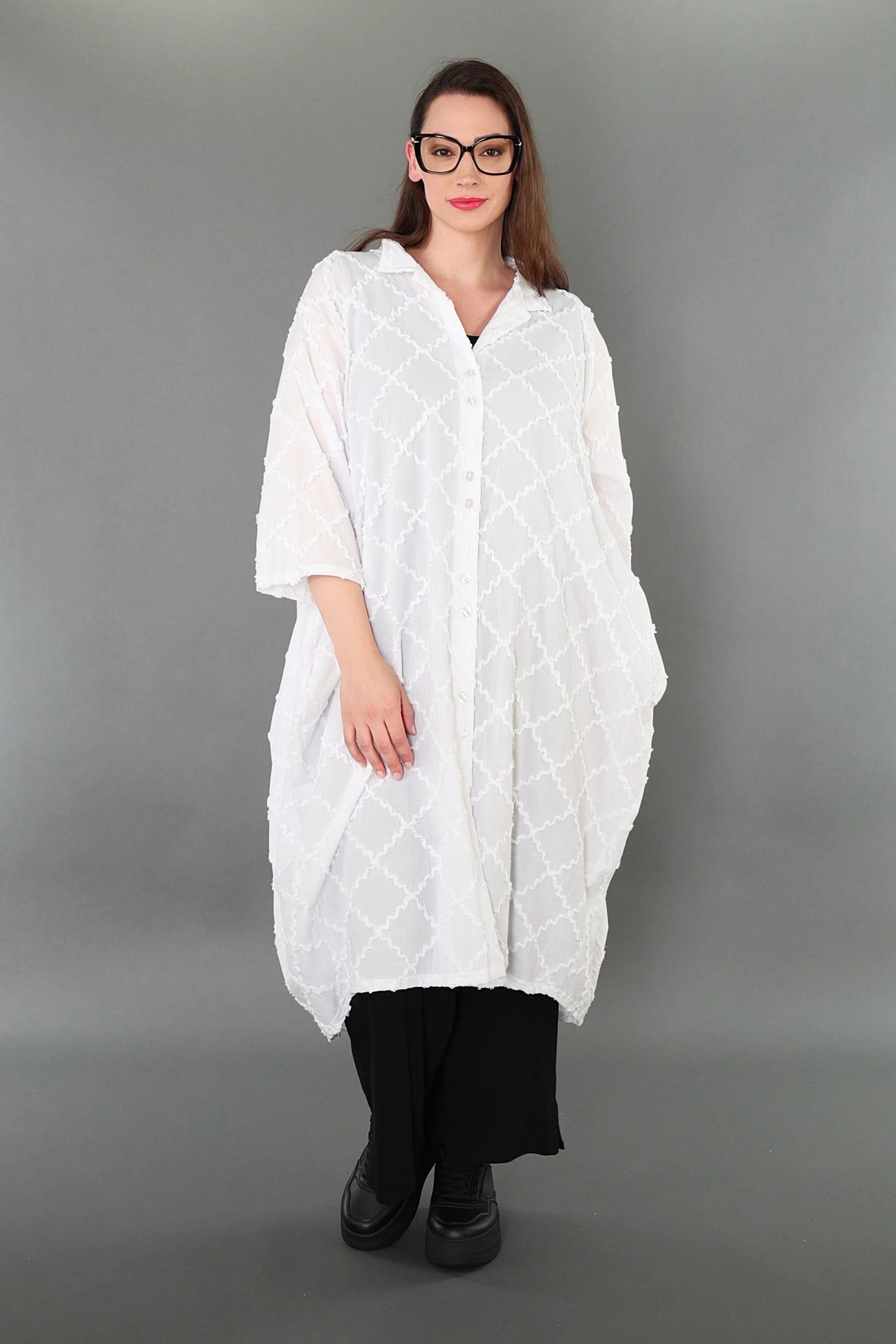 Ballon Bluse von AKH Premium aus Baumwolle, P1004.7117, Weiß, Raute, Ausgefallen, Zeitlos