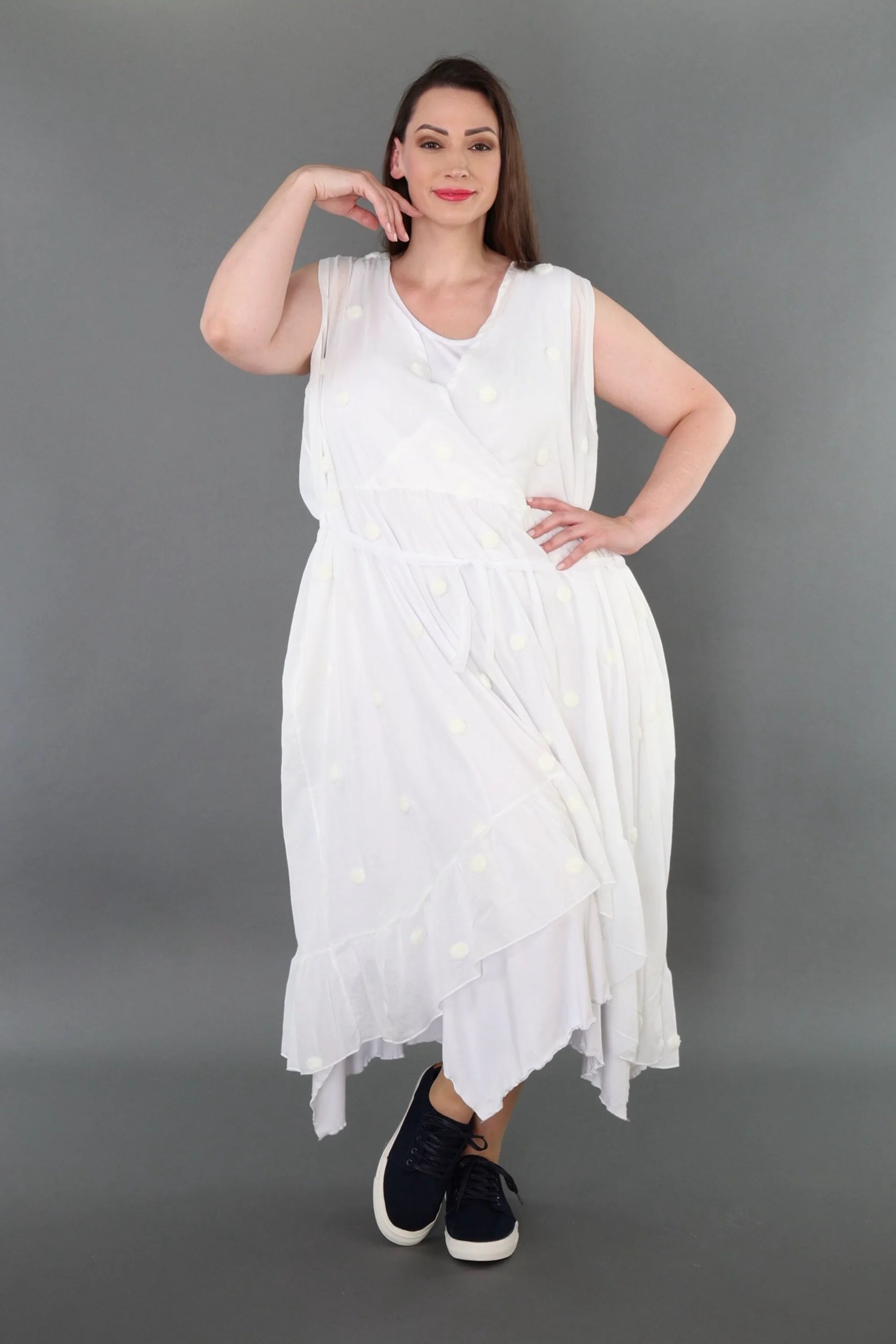  A-Form Kleid von AKH Premium aus Baumwolle, P1005.7115, Weiß, Punkte, Ausgefallen, Zeitlos