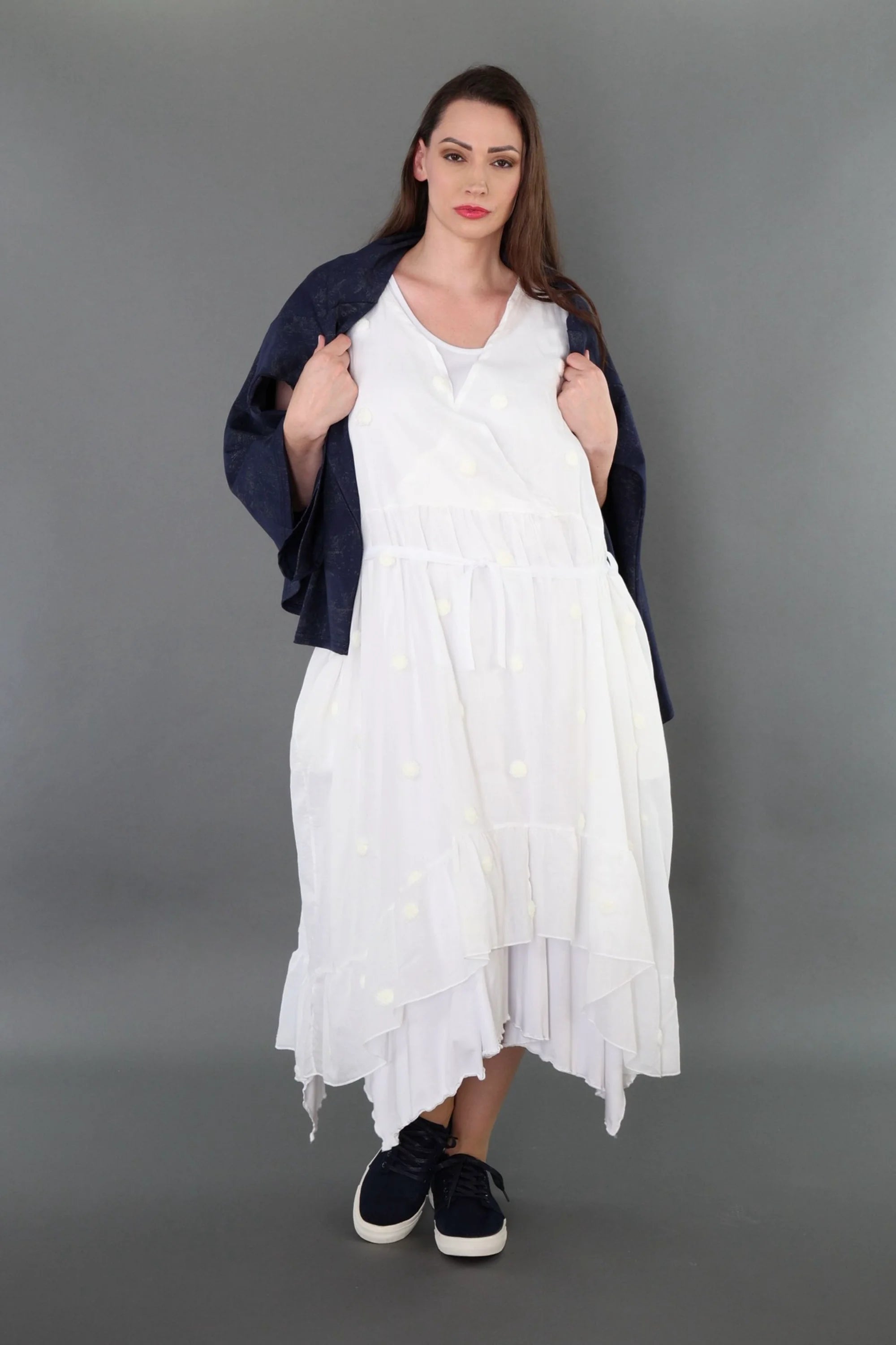  A-Form Kleid von AKH Premium aus Baumwolle, P1005.7115, Weiß, Punkte, Ausgefallen, Zeitlos