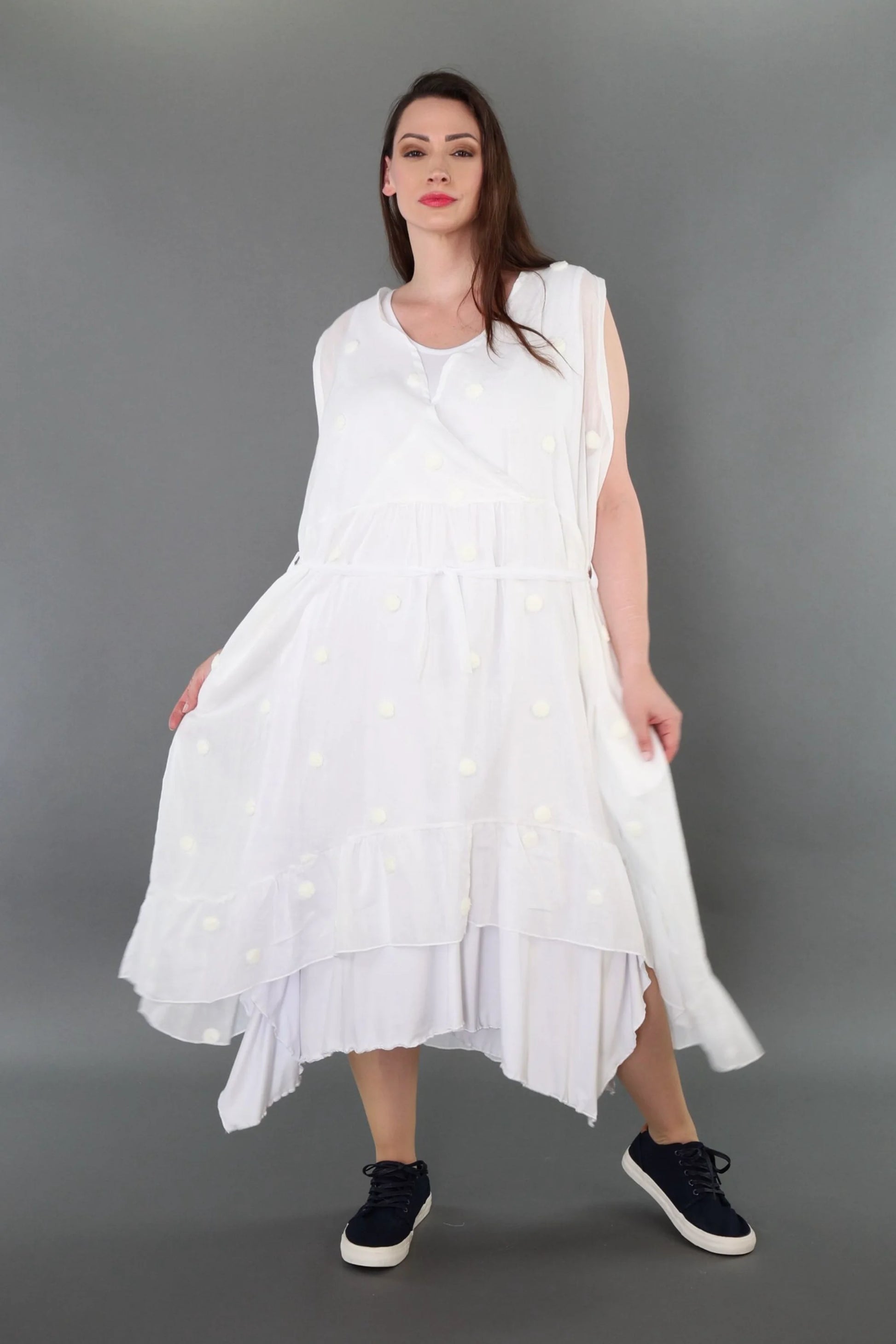  A-Form Kleid von AKH Premium aus Baumwolle, P1005.7115, Weiß, Punkte, Ausgefallen, Zeitlos