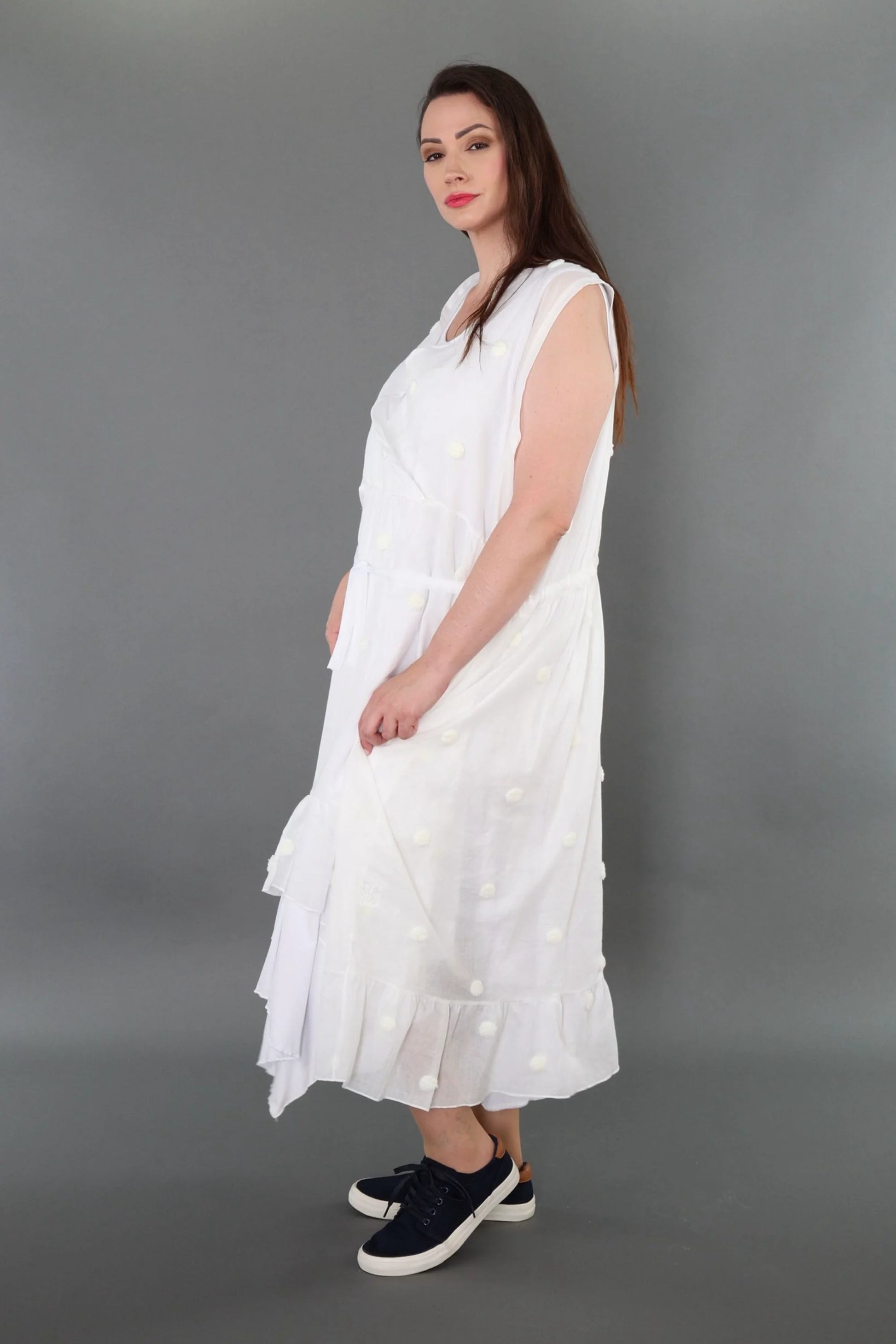  A-Form Kleid von AKH Premium aus Baumwolle, P1005.7115, Weiß, Punkte, Ausgefallen, Zeitlos