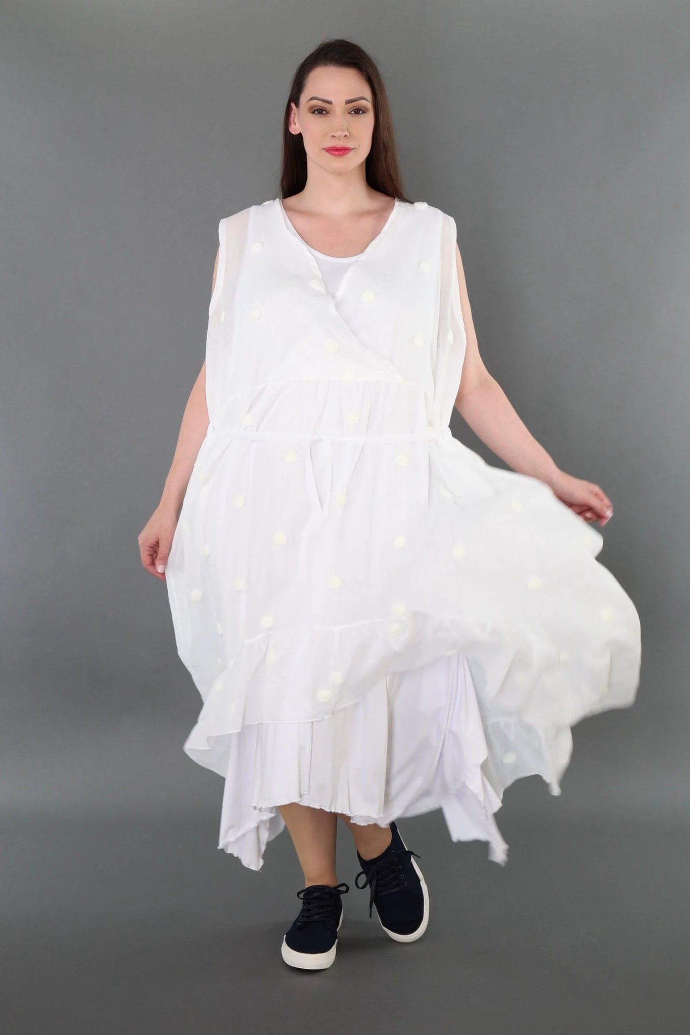  A-Form Kleid von AKH Premium aus Baumwolle, P1005.7115, Weiß, Punkte, Ausgefallen, Zeitlos