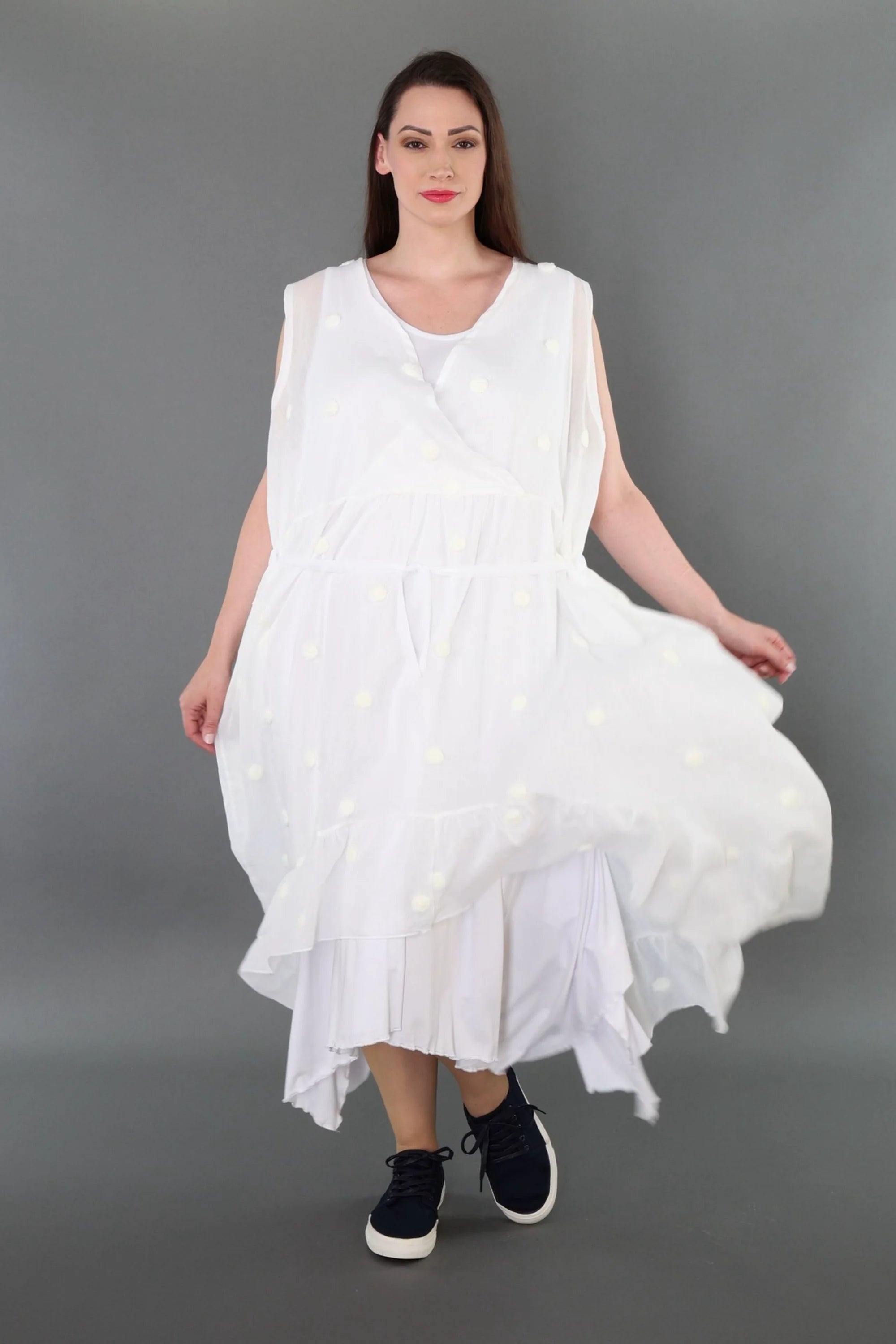  A-Form Kleid von AKH Premium aus Baumwolle, P1005.7115, Weiß, Punkte, Ausgefallen, Zeitlos