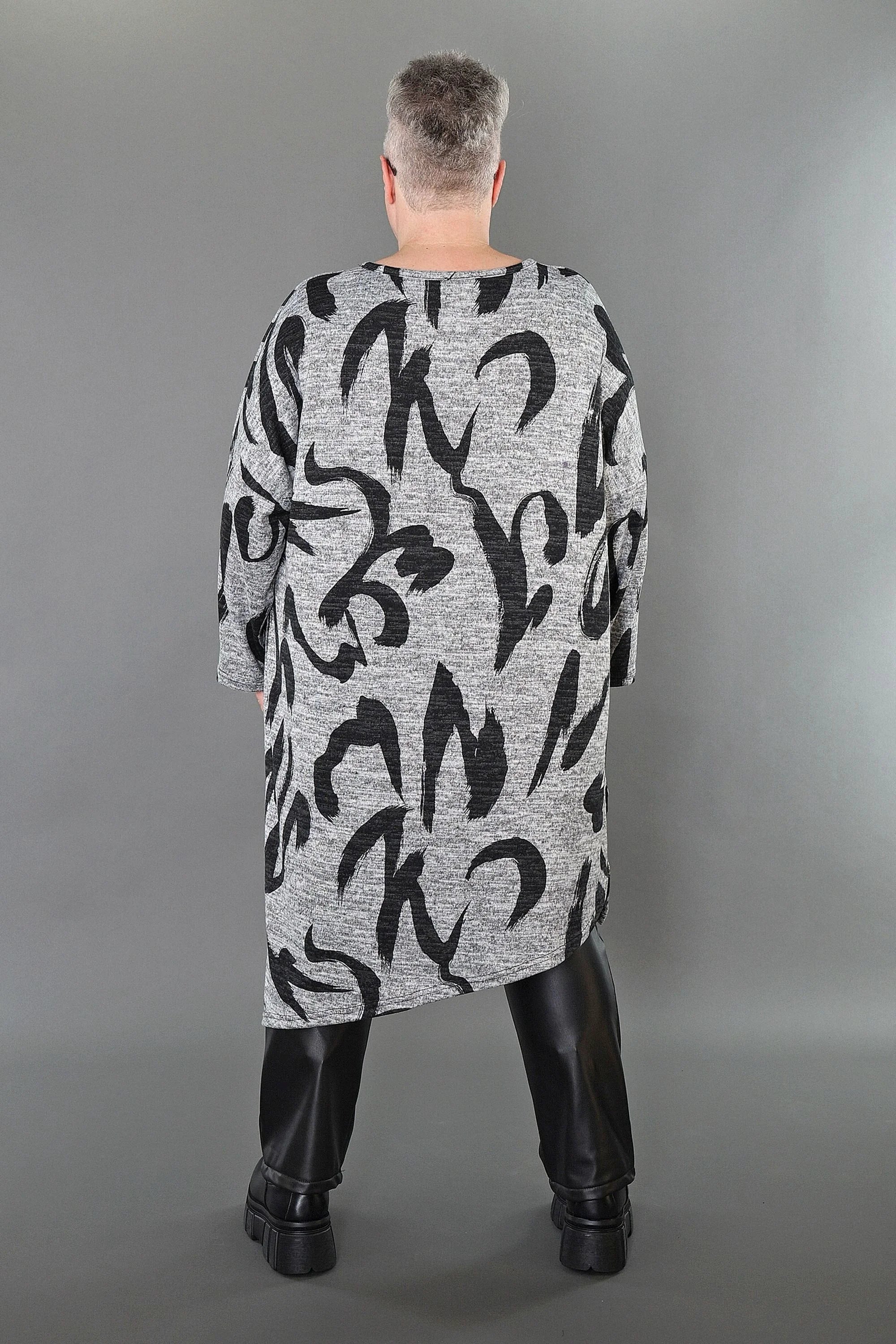  AKH Premium Bigshirt in asymmetrischer Form, aus Materialmix, P1006.7126, Grau/Dunkelgrau