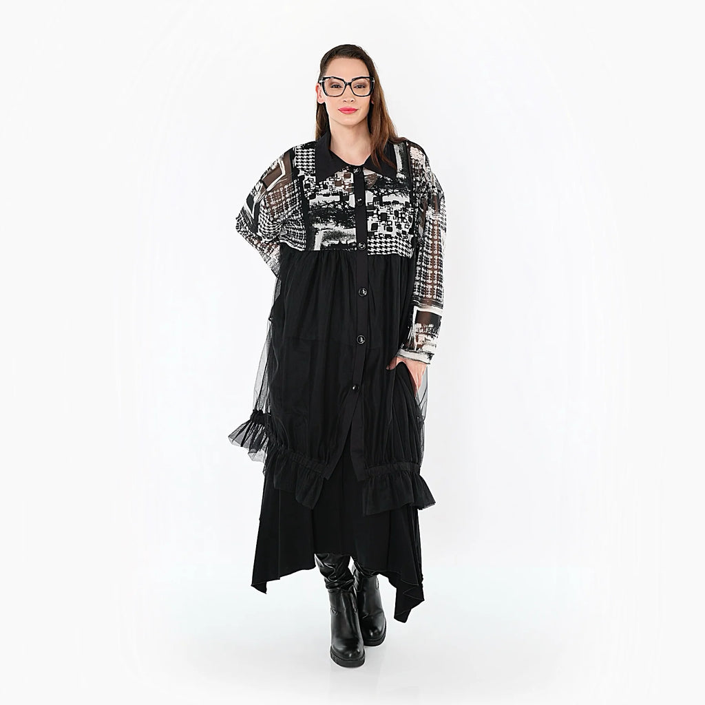  A-Form Weste von AKH Premium aus Viskose, P1011.7120, Schwarz/Weiß/Grau, Kringel, Schick