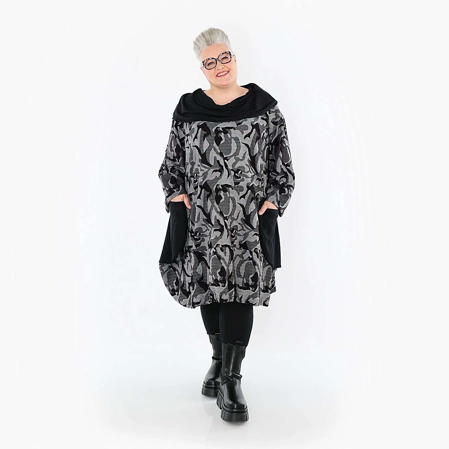 Ballonkleid von AKH Premium aus Viskose, P1012.7139, Grau/Schwarz, Wellen, Ausgefallen