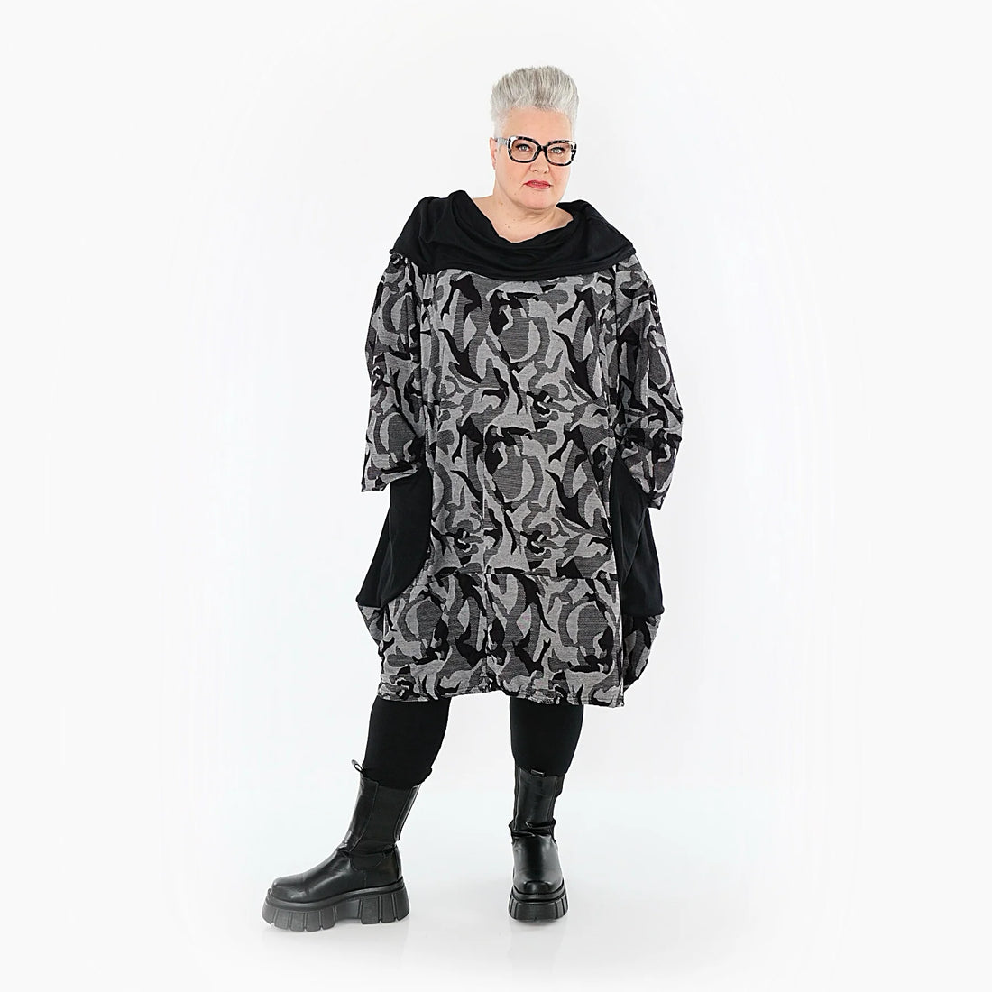 Ballonkleid von AKH Premium aus Viskose, P1012.7139, Grau/Schwarz, Wellen, Ausgefallen