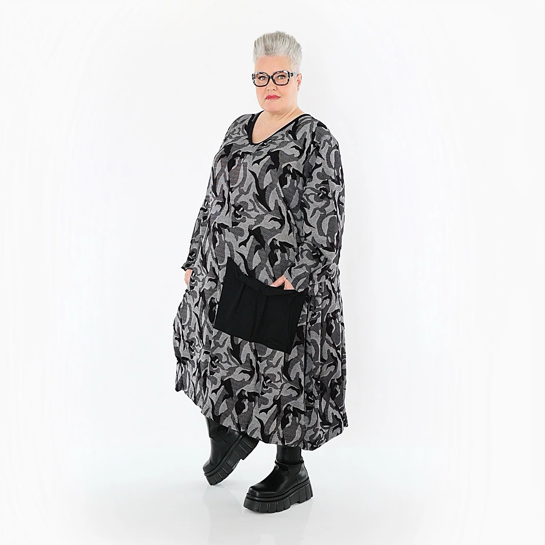 Ballonkleid von AKH Premium aus Viskose, P1012.7144, Grau/Schwarz, Wellen, Ausgefallen