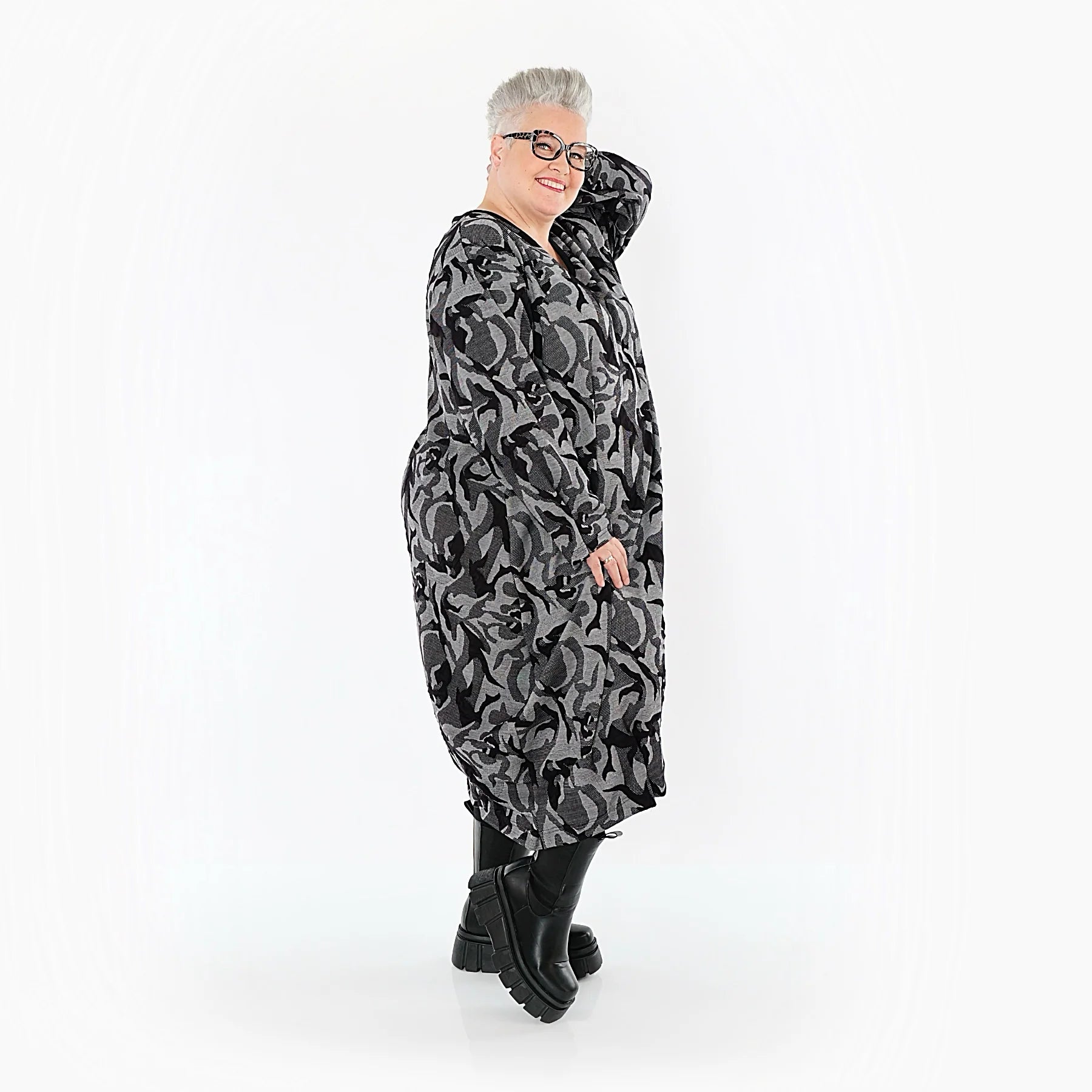 Ballonkleid von AKH Premium aus Viskose, P1012.7144, Grau/Schwarz, Wellen, Ausgefallen