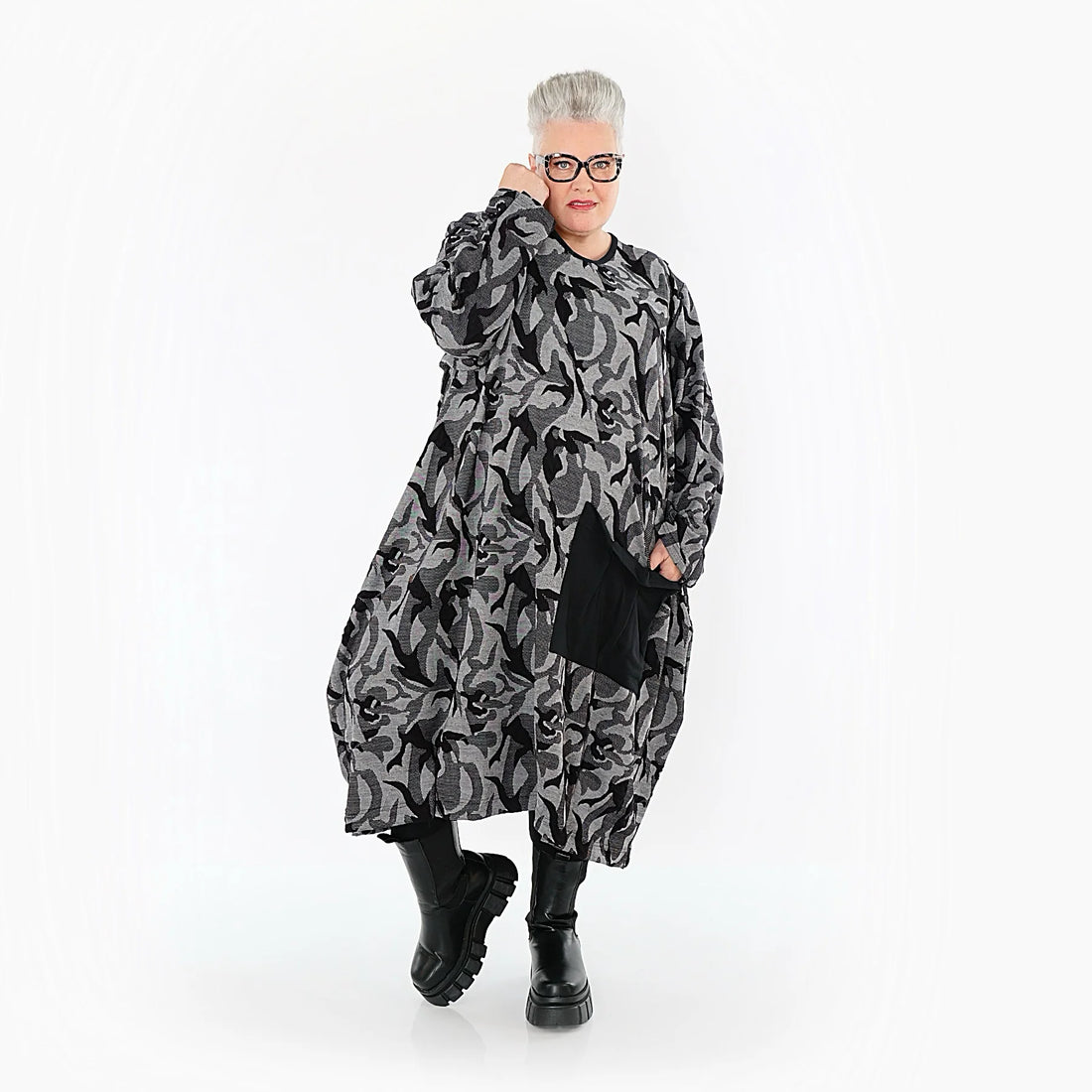 Ballonkleid von AKH Premium aus Viskose, P1012.7144, Grau/Schwarz, Wellen, Ausgefallen