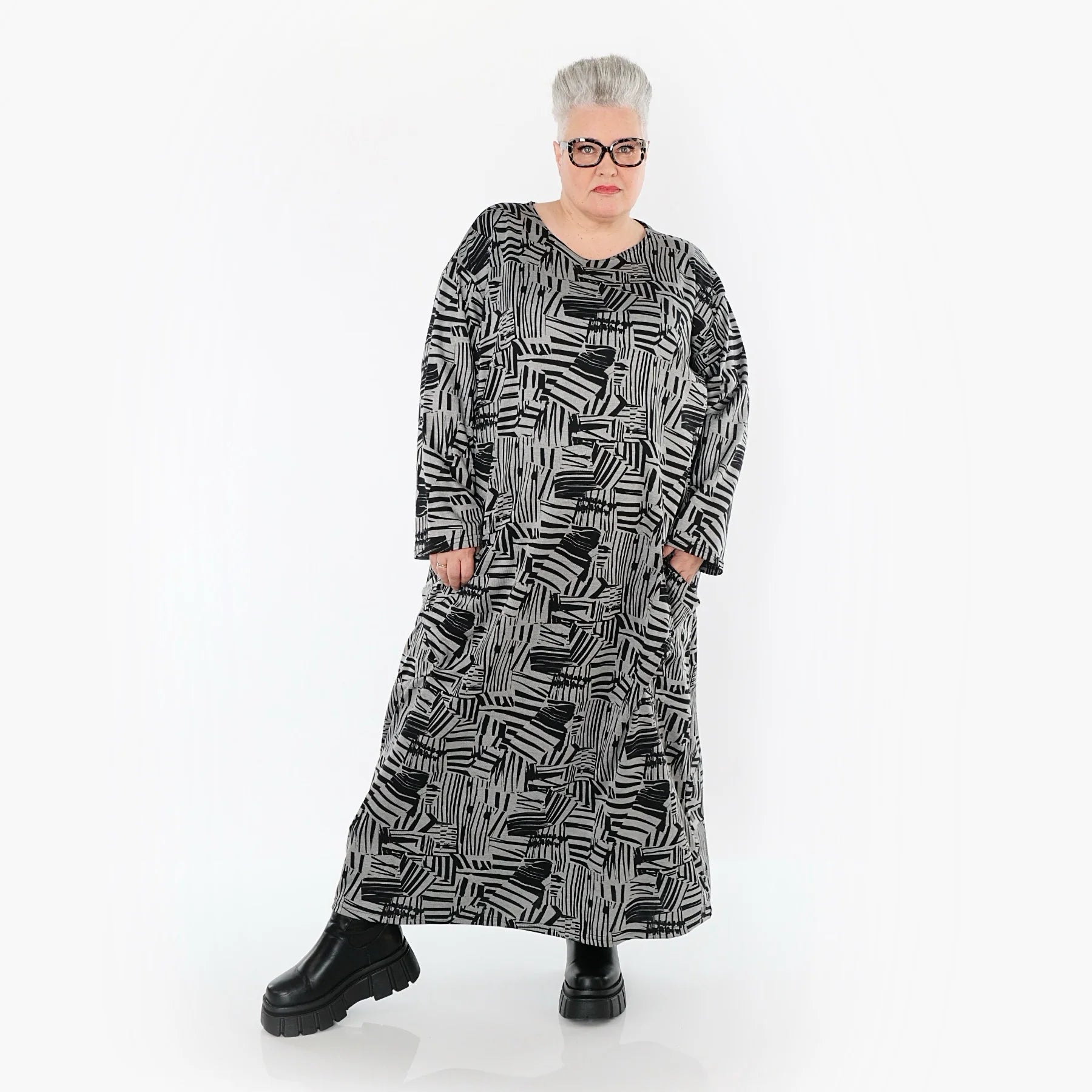  AKH Premium Kleid in gerader Form, aus Viskose, P1014.7137, Grau/Schwarz, Streifen, Schick