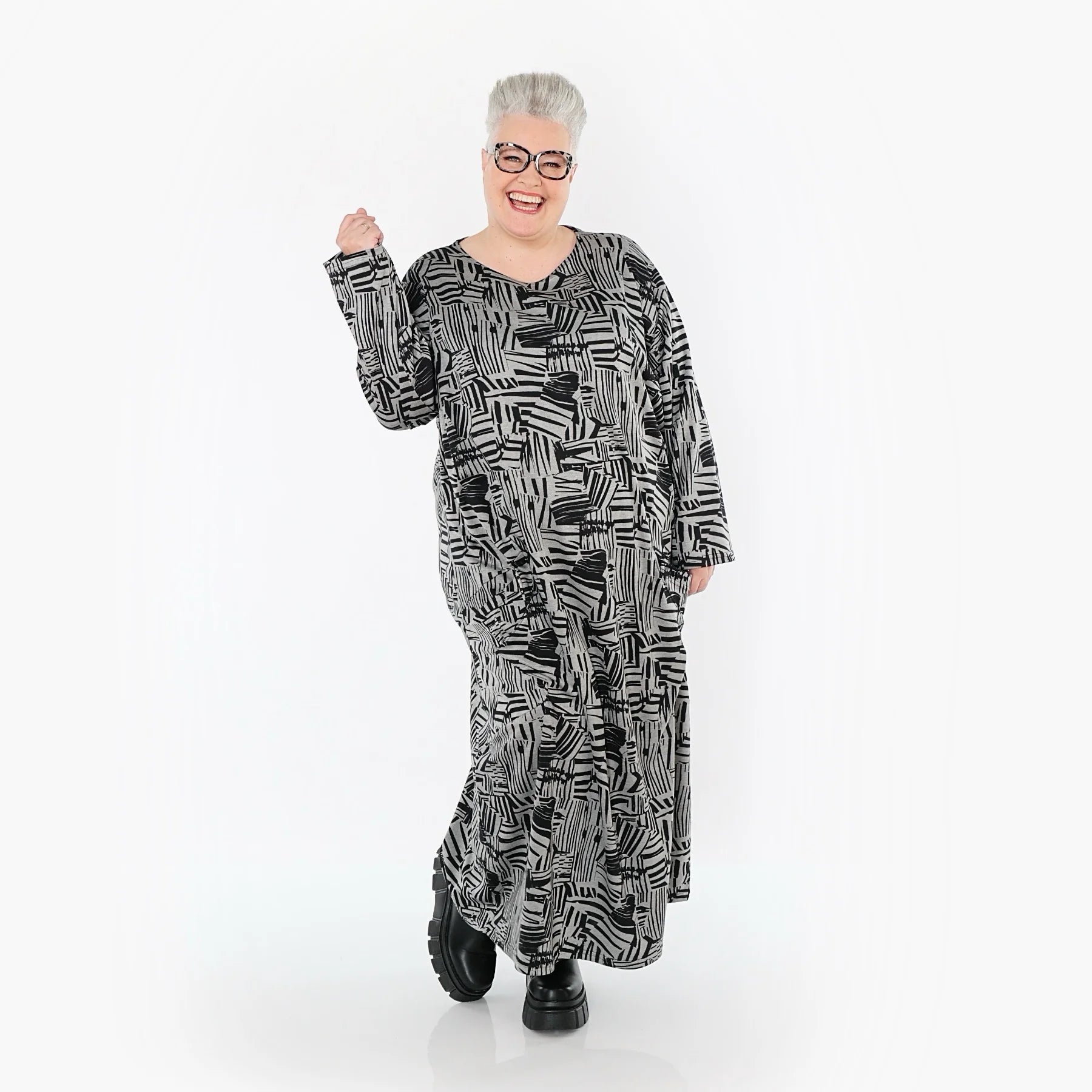  AKH Premium Kleid in gerader Form, aus Viskose, P1014.7137, Grau/Schwarz, Streifen, Schick