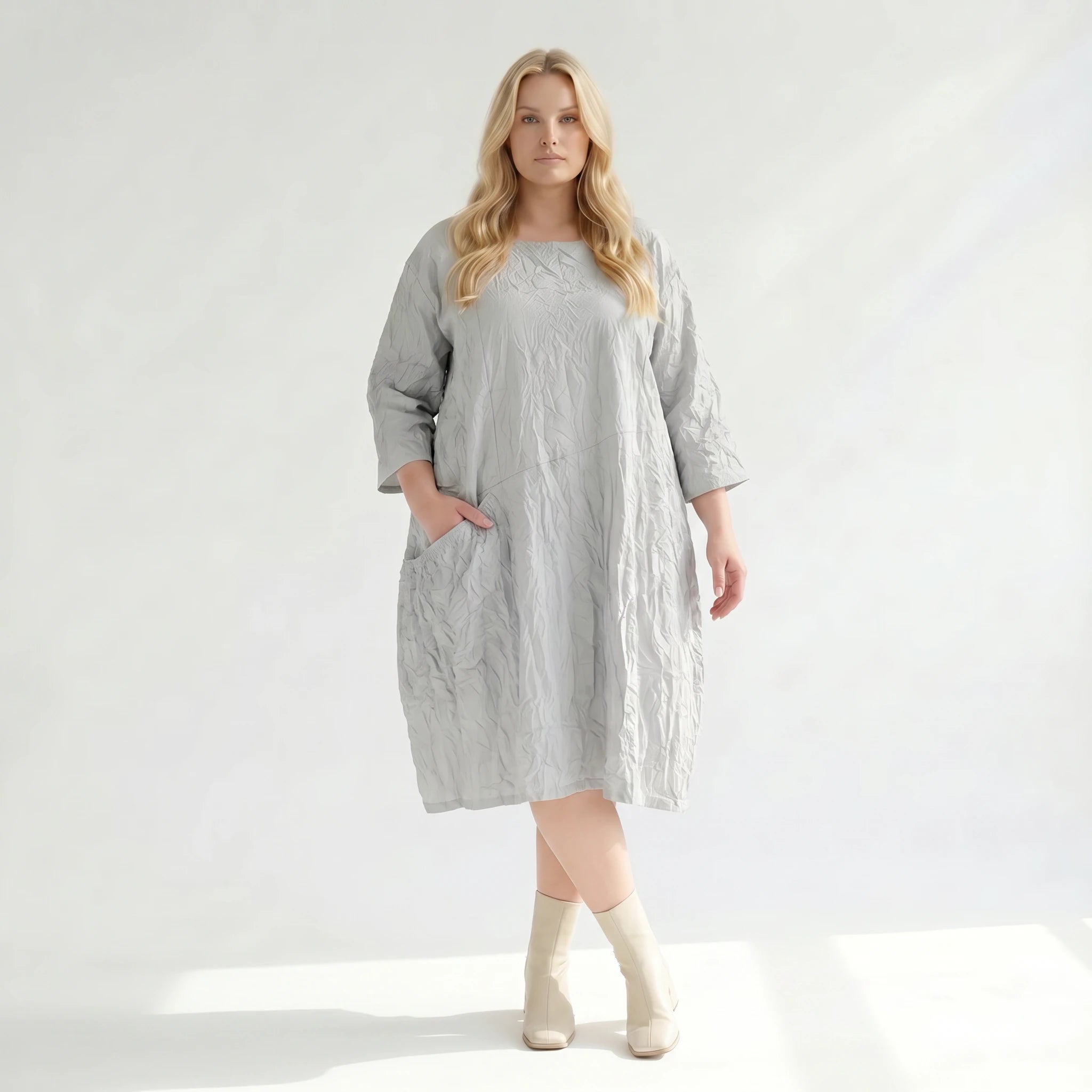 Ausgefallenes Oversize Ballon Kleid im luftigen Lagenlook mit stilvollem Crash Effekt, Grau