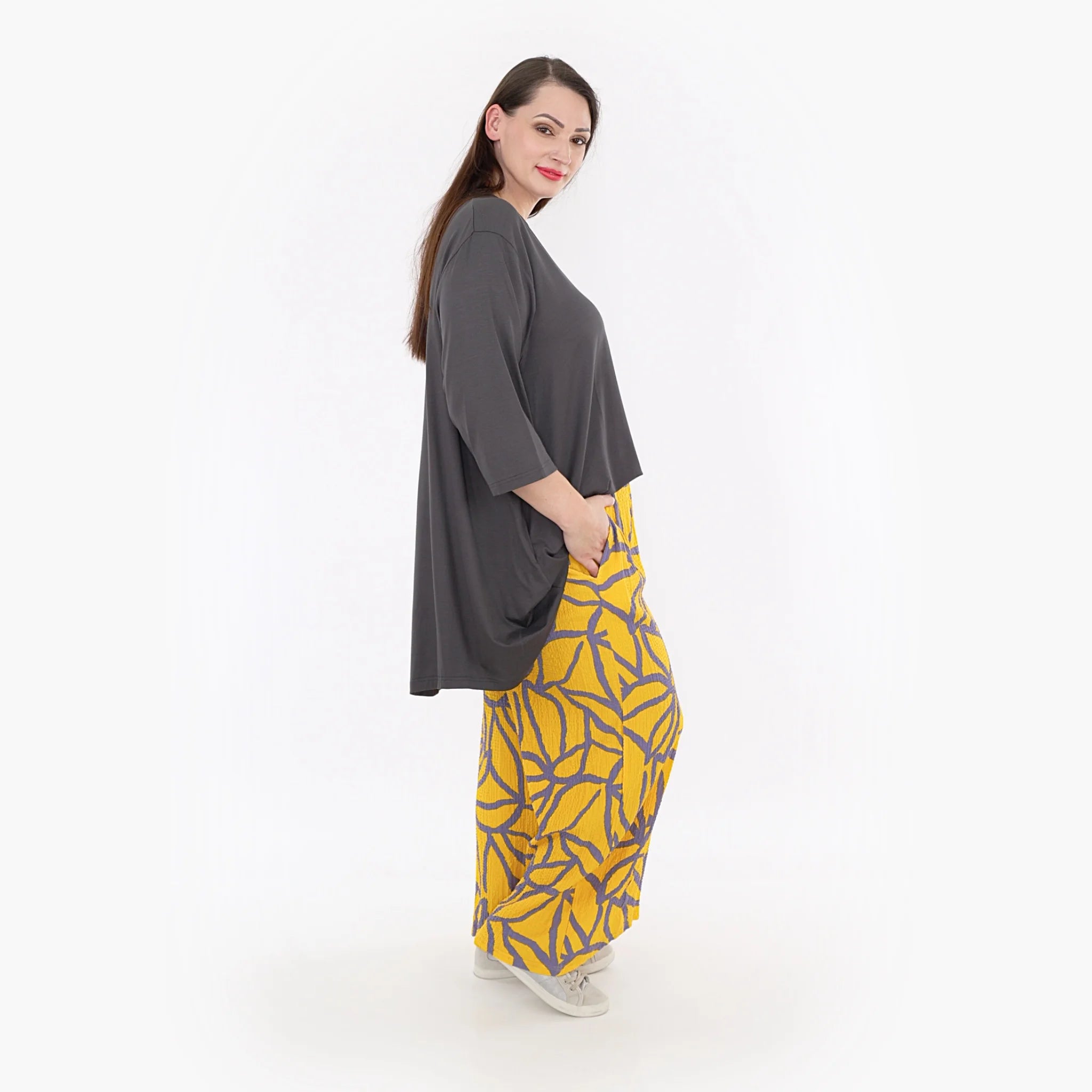  AKH Fashion Hose in gerader Form, aus Viskose, 1317.06927, Gelb-Fliedergrau, Grafik