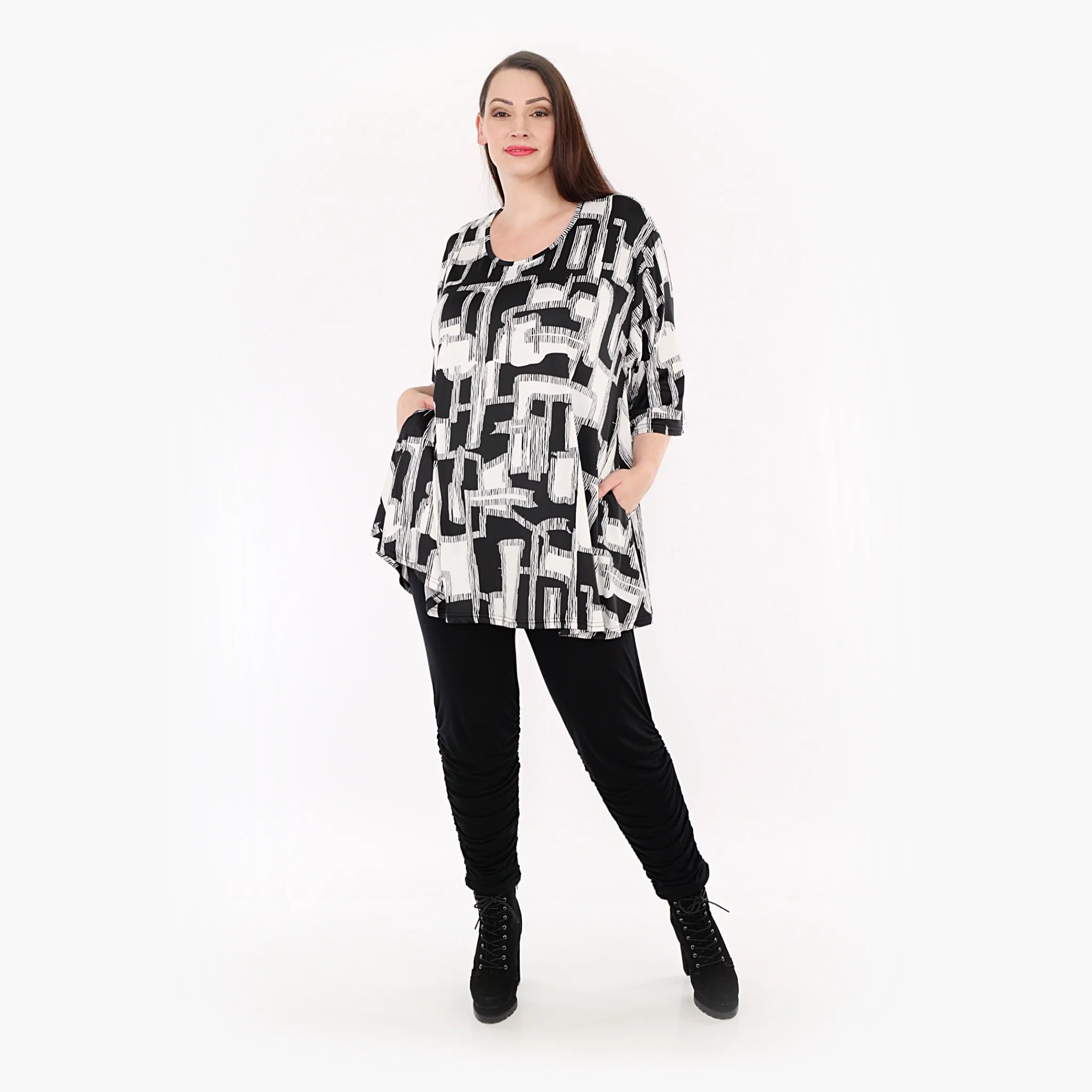  AKH Fashion Shirt in Glocken-Form, aus Viskose, 1323.01892, Schwarz-Weiß, Schick, Modern