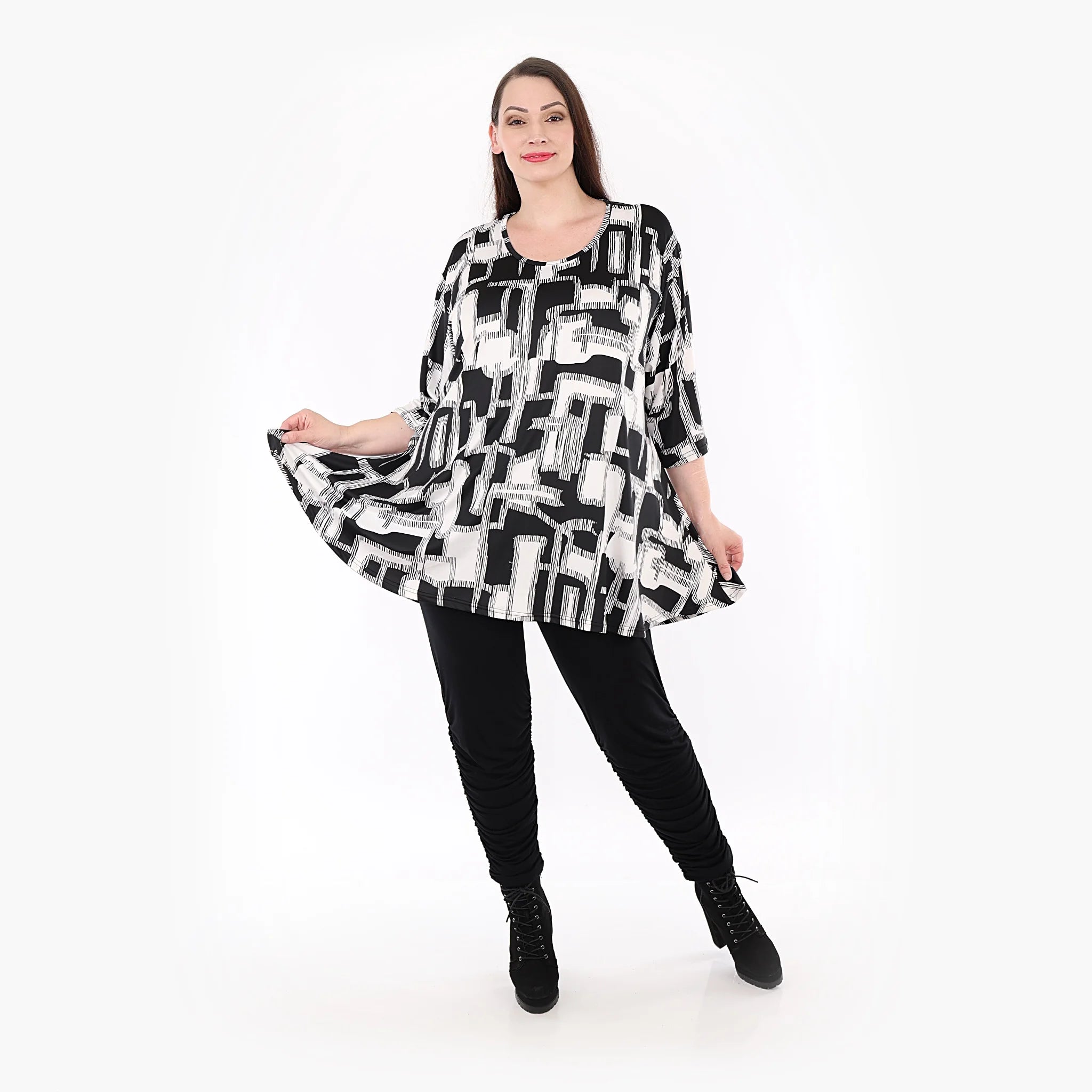  AKH Fashion Shirt in Glocken-Form, aus Viskose, 1323.01892, Schwarz-Weiß, Schick, Modern