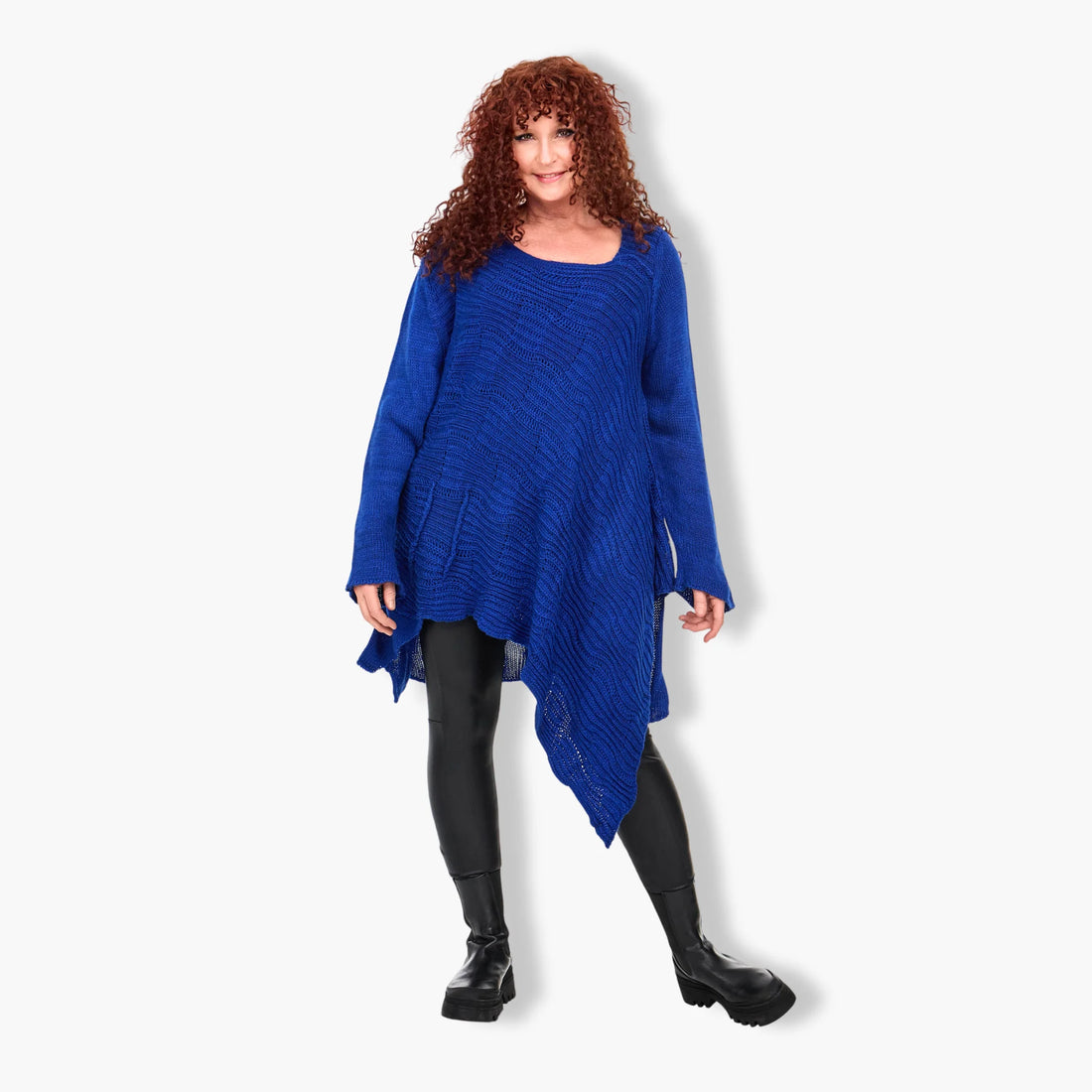  Stilvoller Oversize Pullover aus Kobaltblauem Viskose-Mix für Plus Size mit Rundhals und langen Ärmeln