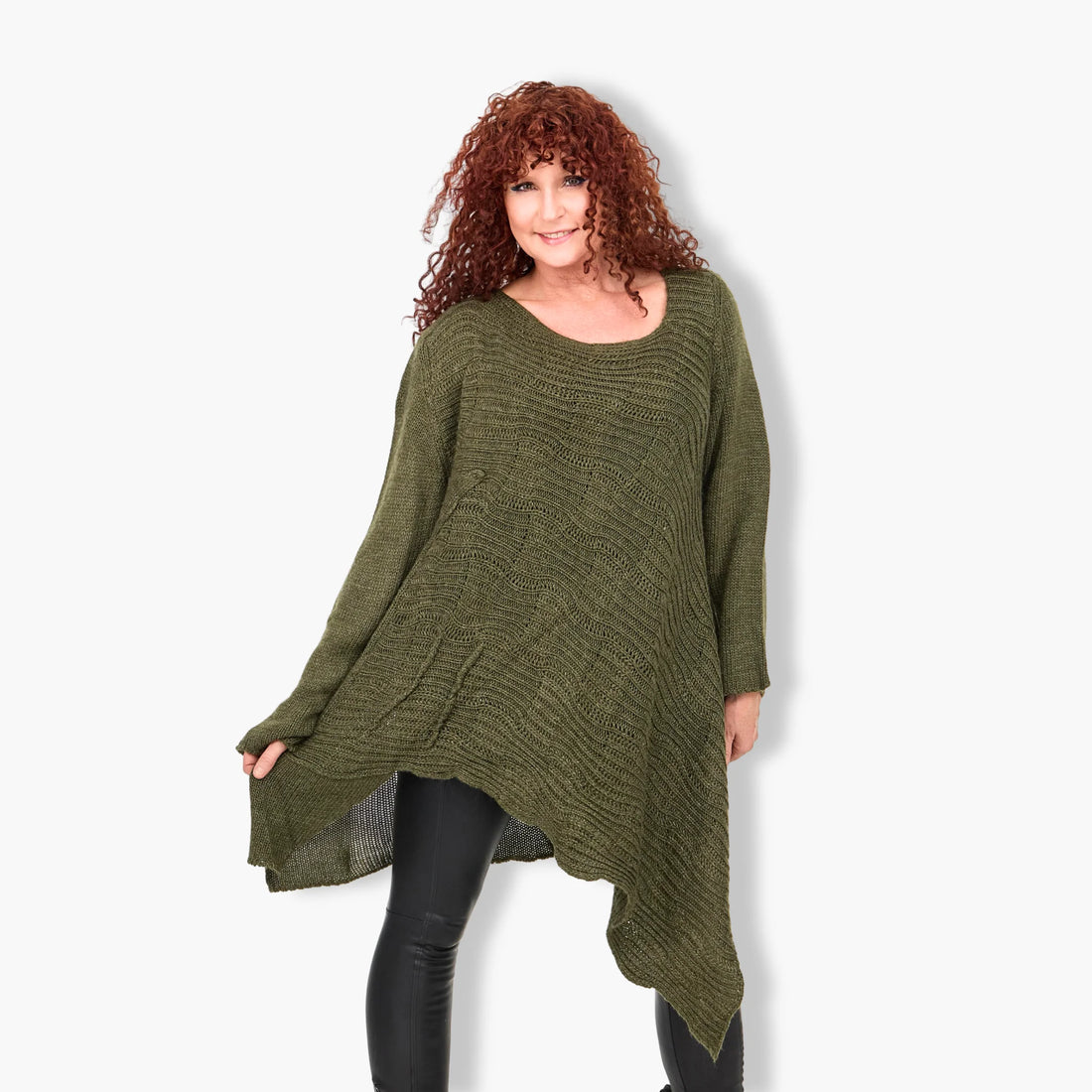  Stylischer Oversize-Pullover in Oliv für Plus Size - Elegante A-Form mit Rundhalsausschnitt