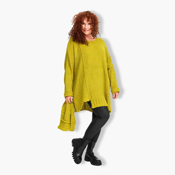  Stilvoller A-Form Pullover in strahlendem Grün – Oversize-Look aus weichem Bouclé, mit Schal