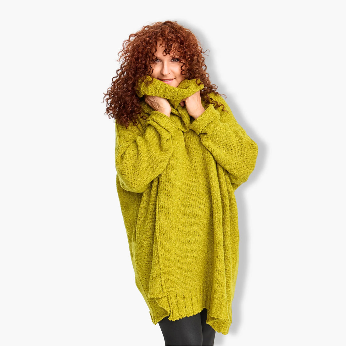  Stilvoller A-Form Pullover in strahlendem Grün – Oversize-Look aus weichem Bouclé, mit Schal