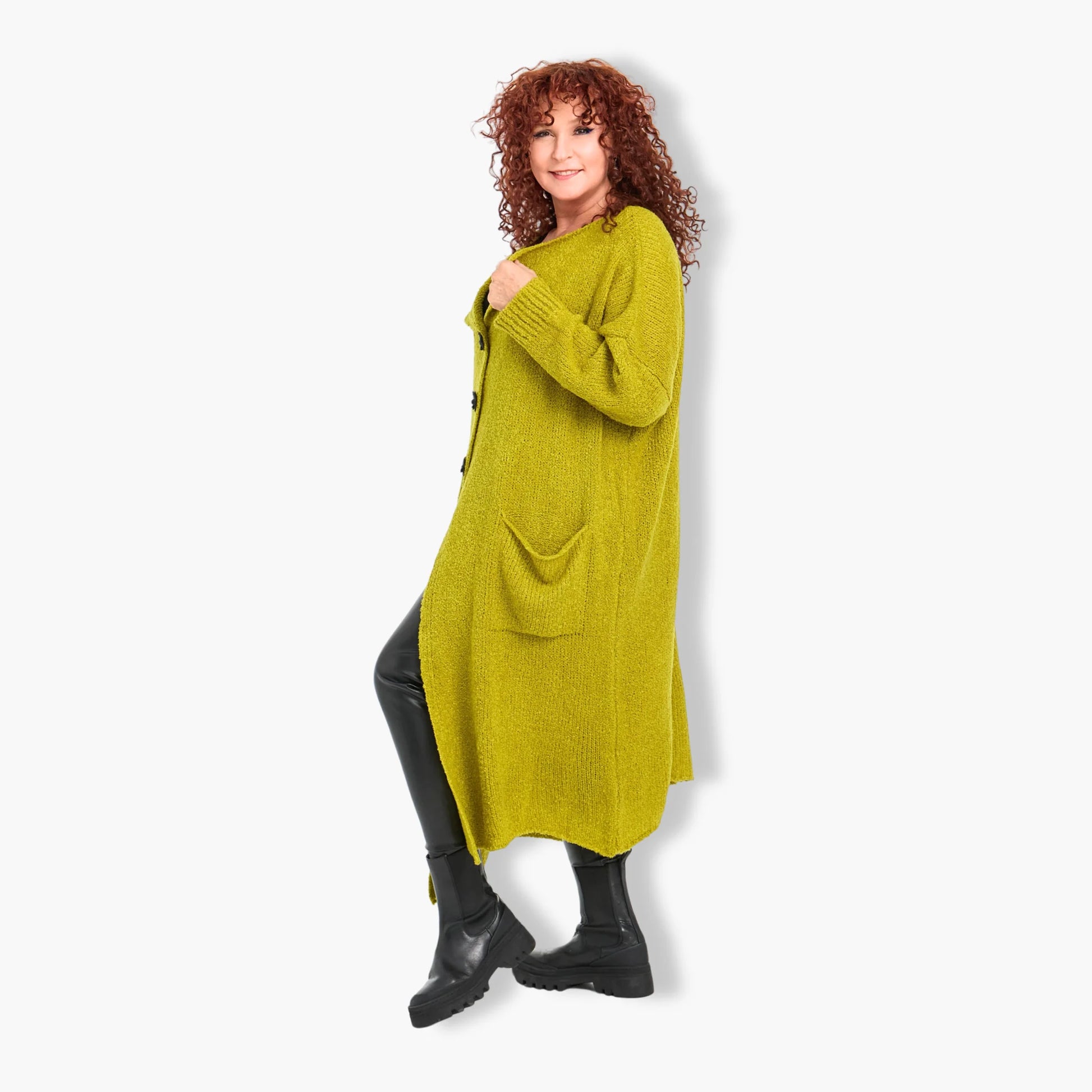  Stilvoller Plus Size Mantel in frischem Grün mit kastigem Schnitt und weichem Bouclé-Materialmix