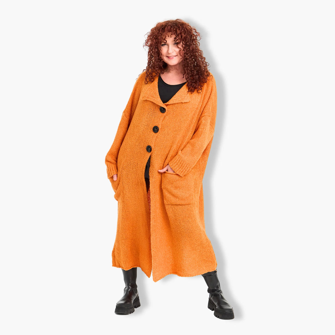  Stilvoller Plus Size Mantel in Orange Bouclé-Design mit Taschen für Herbst und Wintermode