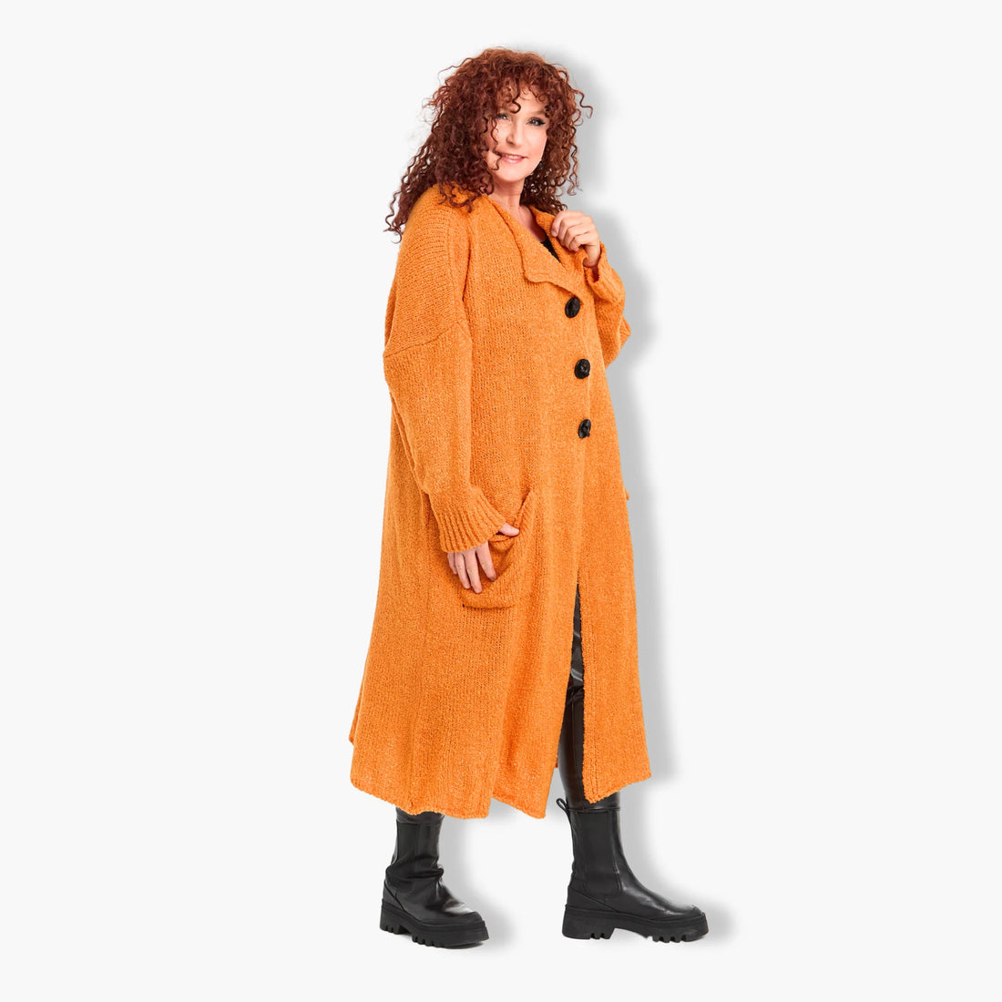  Stilvoller Plus Size Mantel in Orange Bouclé-Design mit Taschen für Herbst und Wintermode