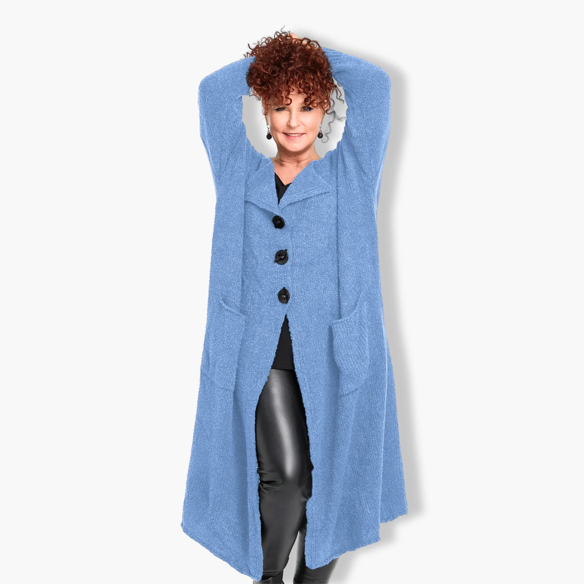  Stilvoller kastiger Mantel in zeitlosem Blau aus weichem Bouclé – ideal für Plus Size Looks