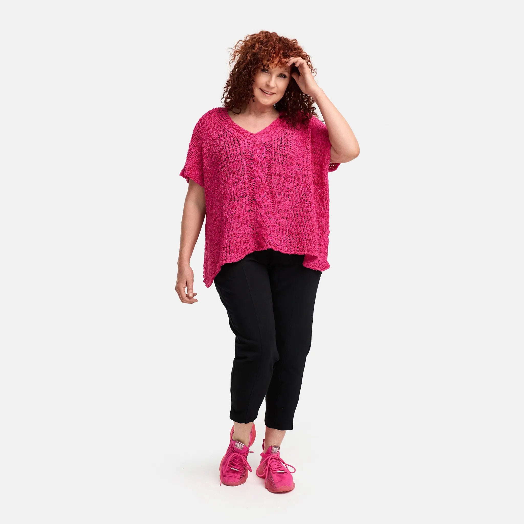  Amandine Pullover in kastiger Form, aus Baumwolle, A2808, Fuchsia, Schick, Modern, Bequem