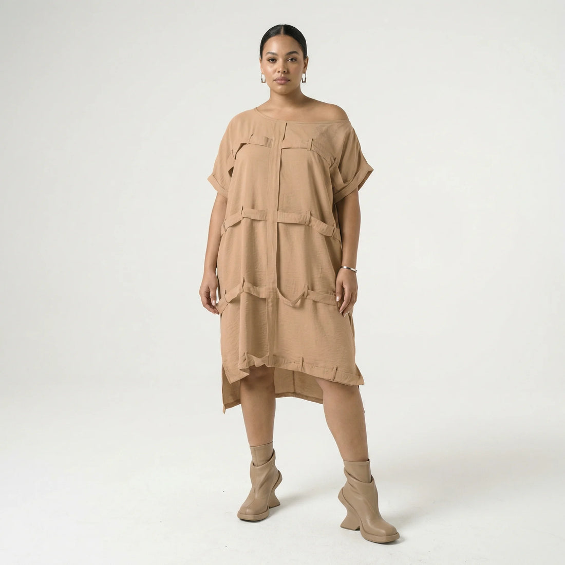  Bukezy Kleid in gerader Form, aus Baumwolle, 1654, Beige, Ausgefallen, Zeitlos, Schick