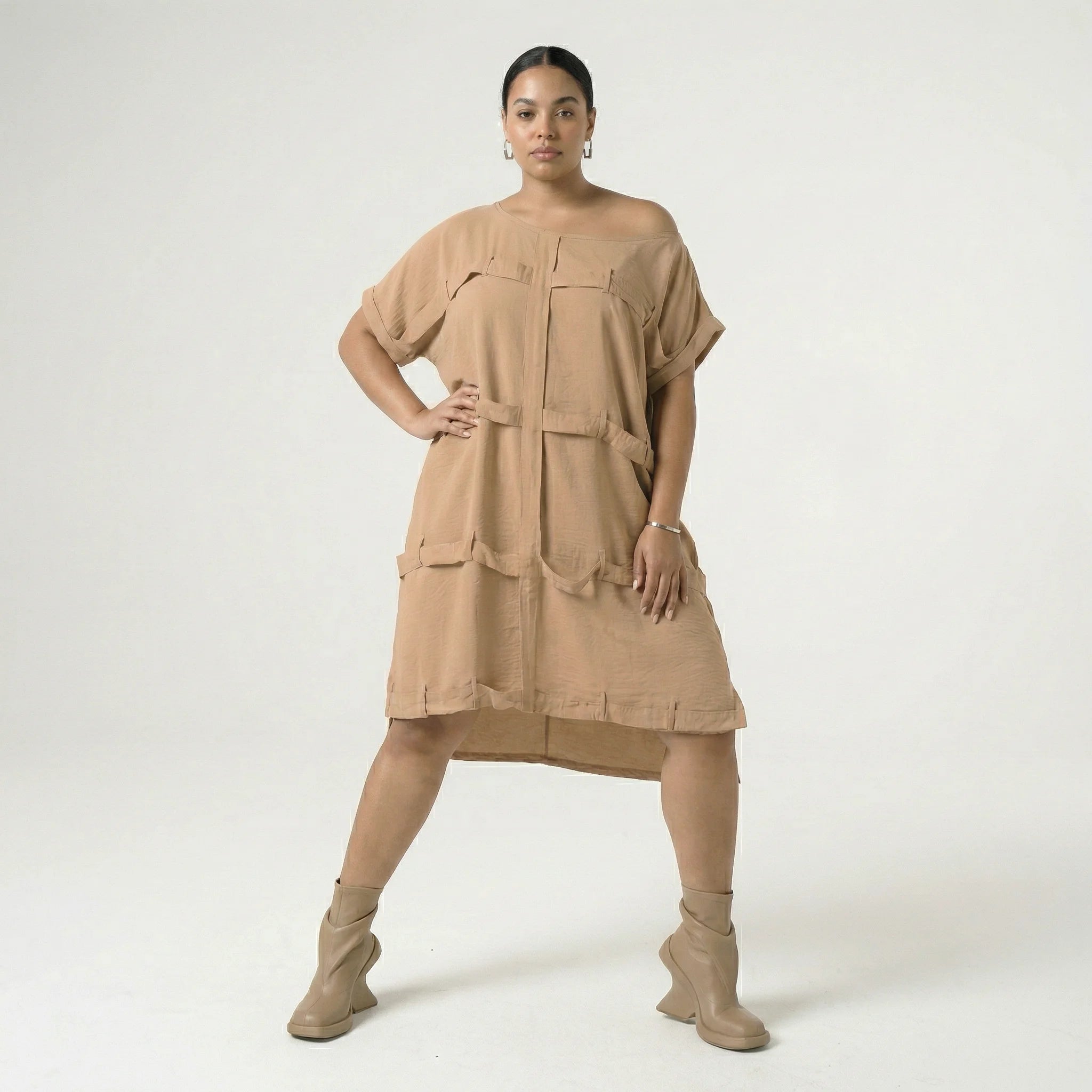  Bukezy Kleid in gerader Form, aus Baumwolle, 1654, Beige, Ausgefallen, Zeitlos, Schick