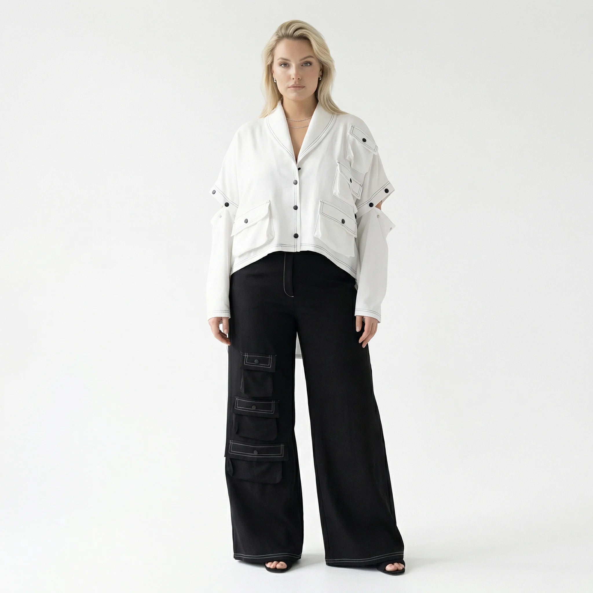  Bukezy 2-Teiler in gerundeter Form, aus Baumwolle, 2085, Weiß/Schwarz, Ausgefallen, Schick