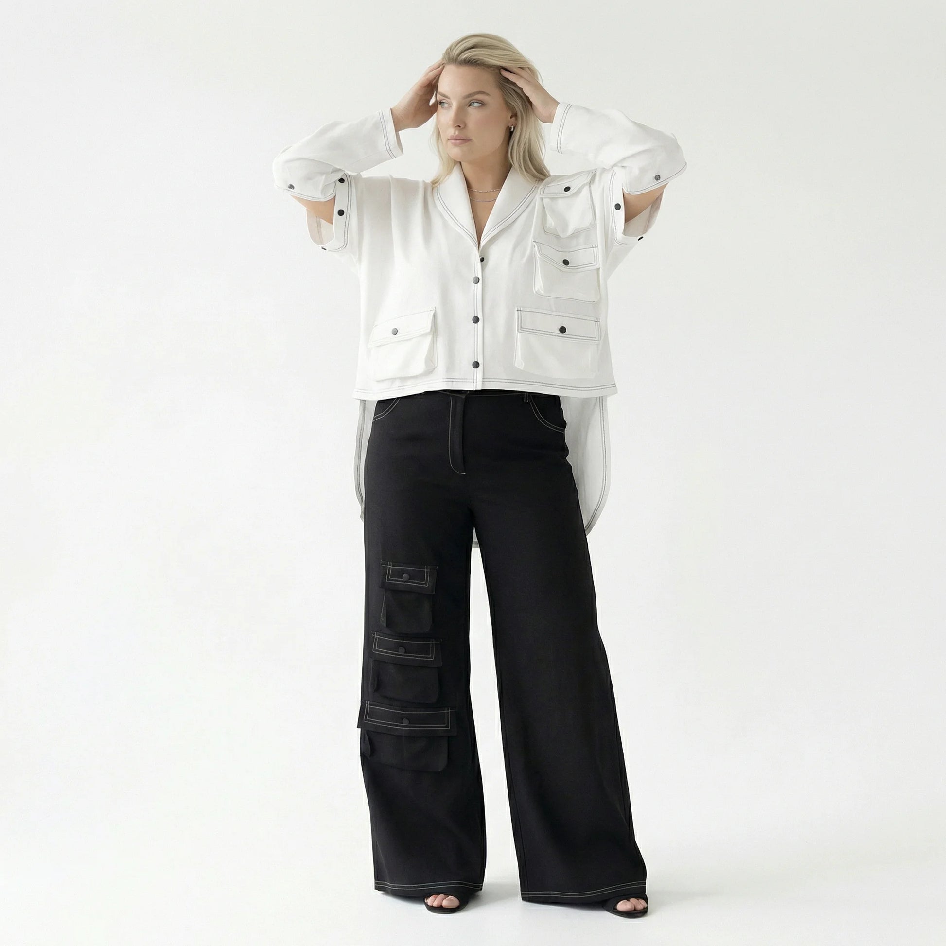  Bukezy 2-Teiler in gerundeter Form, aus Baumwolle, 2085, Weiß/Schwarz, Ausgefallen, Schick