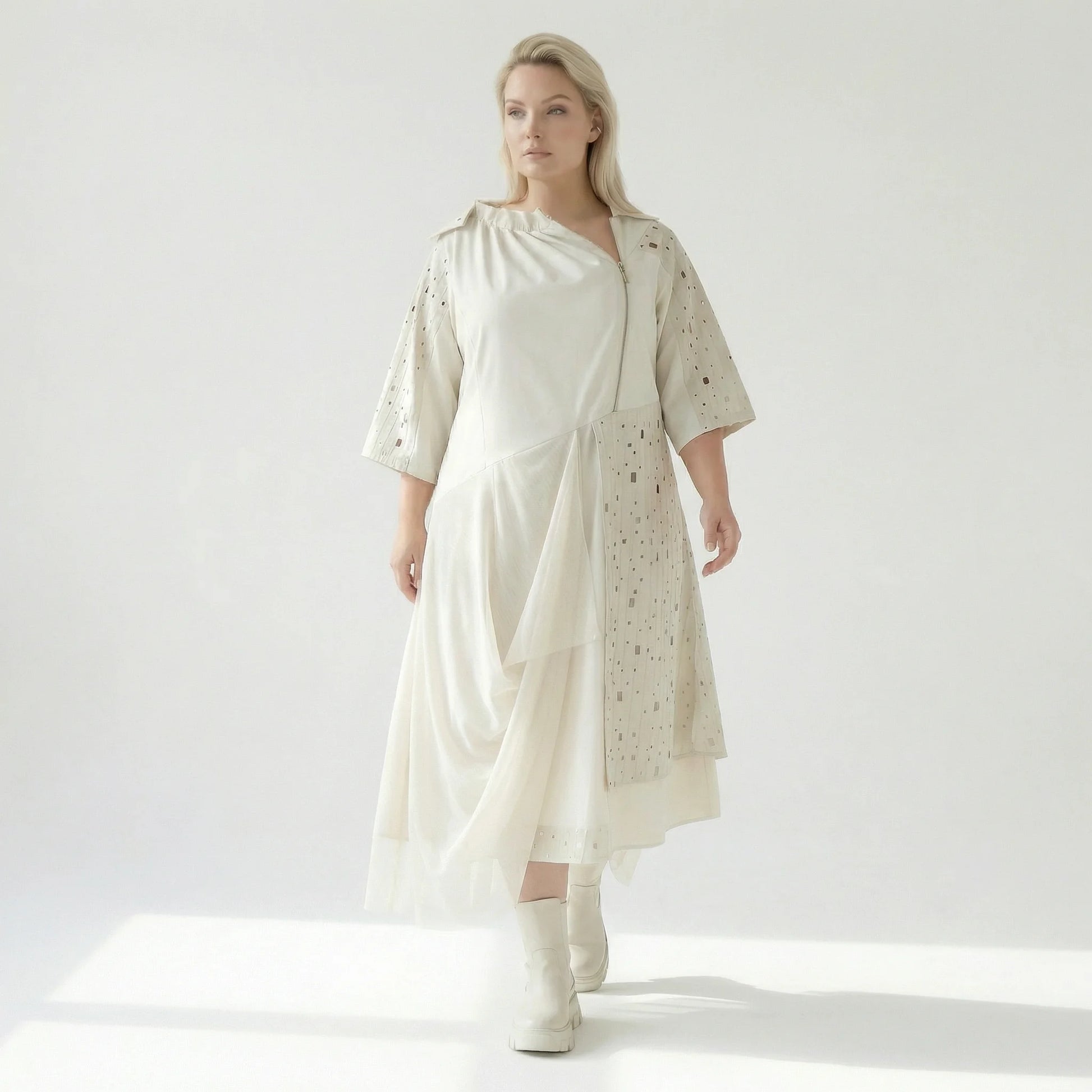  A-Form Kleid von H4 Fashion aus Polyamid, 8022, Ecru, Ausgefallen, Zeitlos, Schick