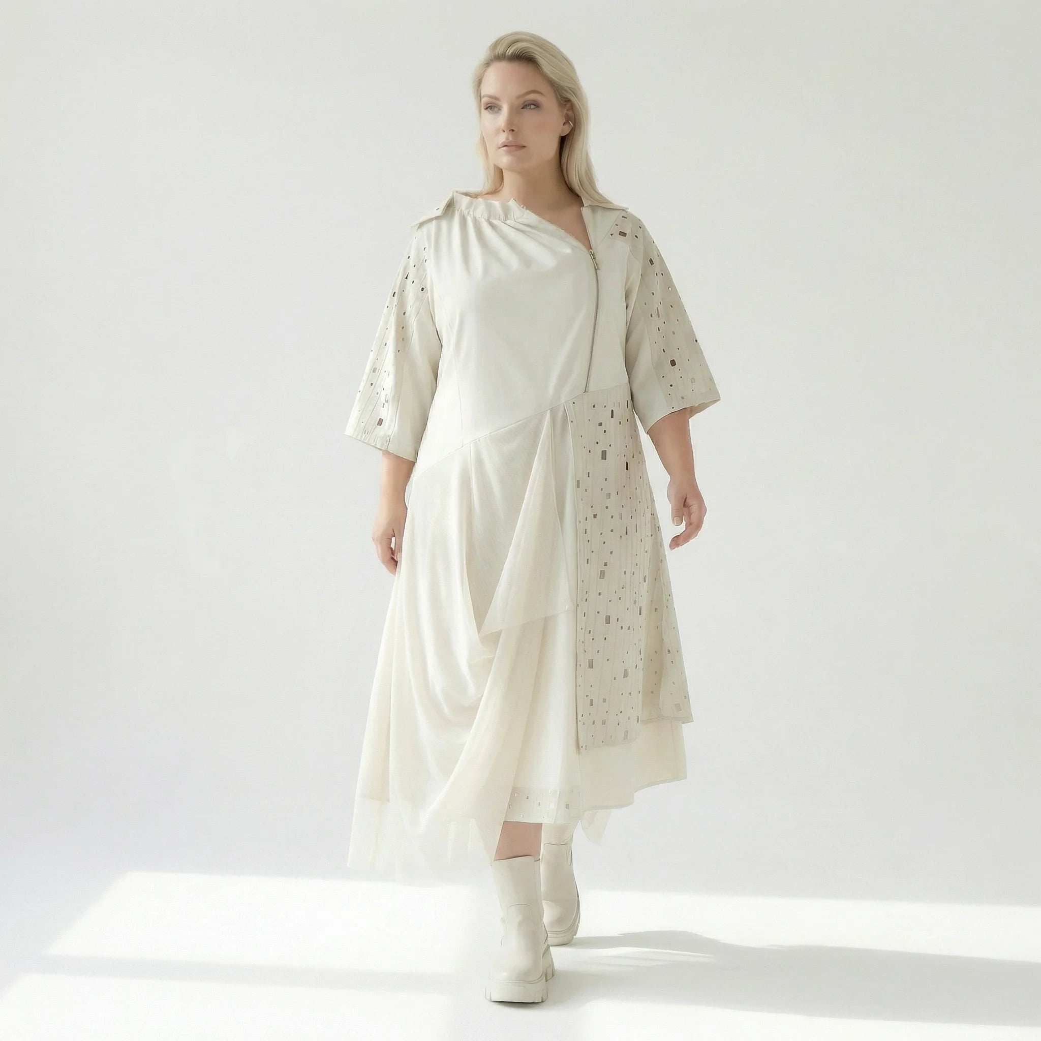  A-Form Kleid von H4 Fashion aus Polyamid, 8022, Ecru, Ausgefallen, Zeitlos, Schick