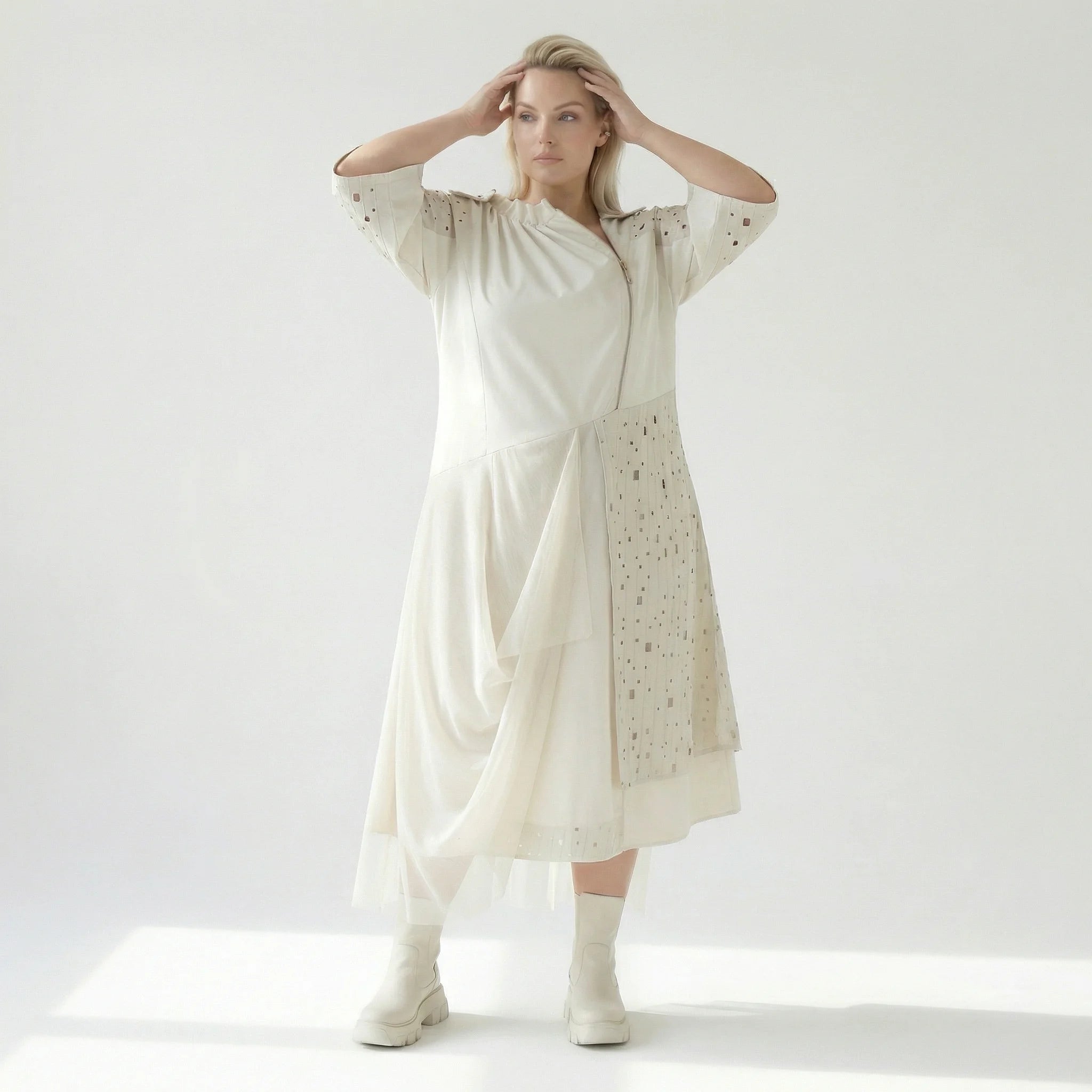  A-Form Kleid von H4 Fashion aus Polyamid, 8022, Ecru, Ausgefallen, Zeitlos, Schick