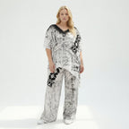 Damen 2-Teiler von B-ONE aus Jersey in Schwarz-Weiß – Shirt & Hose mit Print, luftig, EU 38 bis 48, Übergangslook, Oversize-Stil
